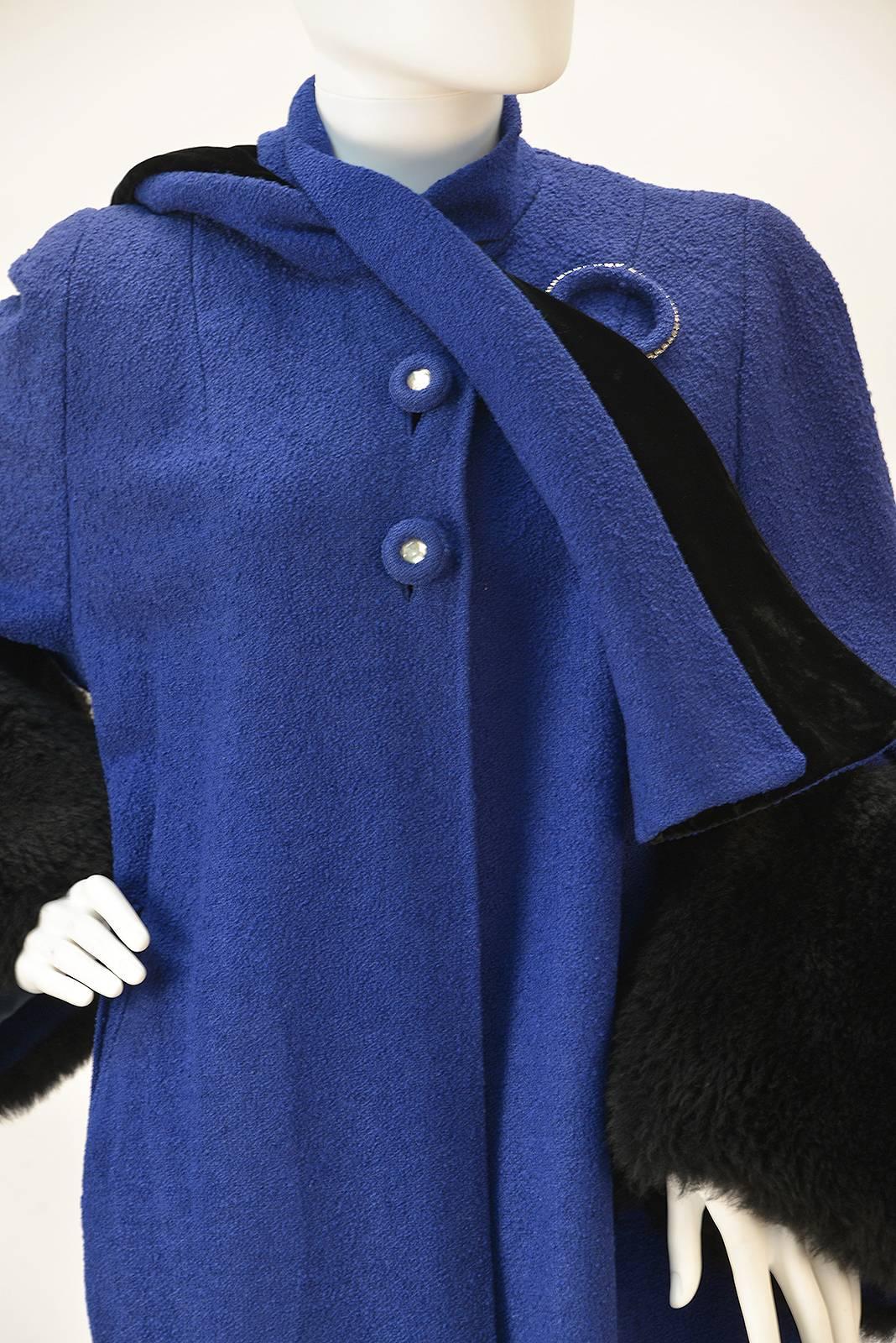 Purple 1940s Blue Boucle Wool Coat with Black Lamb Skin Cuffs