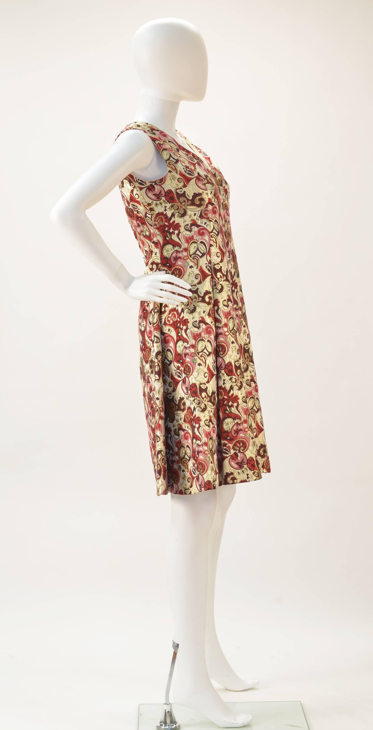 1960's Gino Charles Gold and Red Silk Brocade Dress and Jacket Ensemble  In Good Condition In Houston, TX