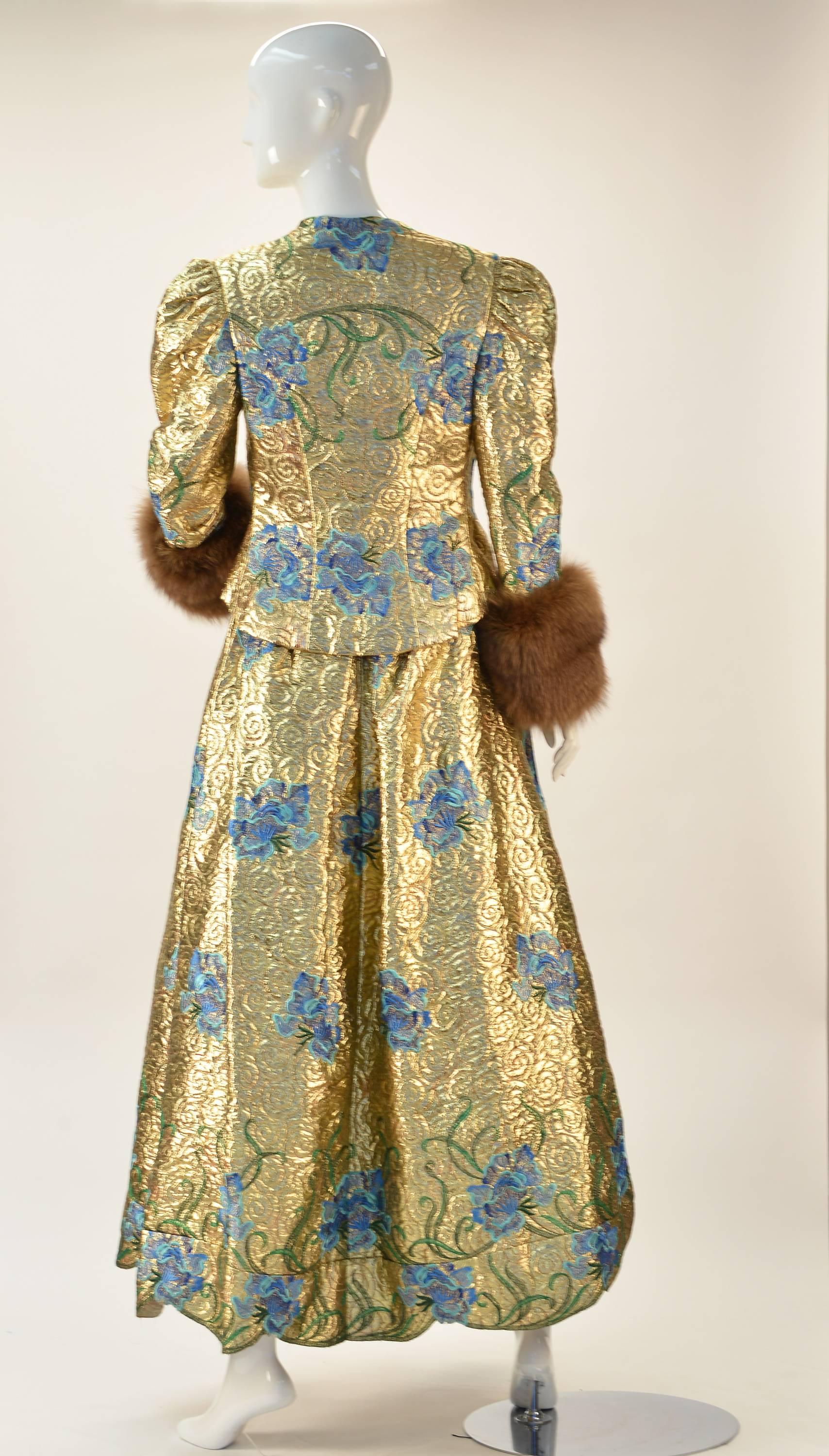 1980s Arnold Scaasi Couture Embroidered Gold Ensemble with Mink Cuffs In Excellent Condition In Houston, TX