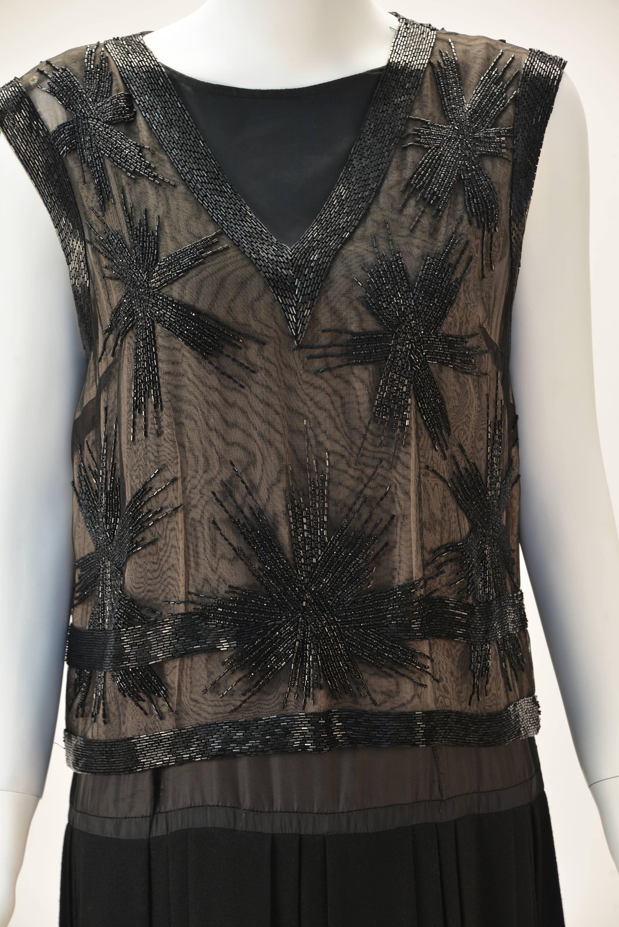 Women's Striking 1960s Malcolm Starr Hand Sewn Beaded Black Crepe Evening Dress For Sale