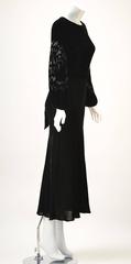 Larry Aldrich Black Velvet Midi Dress with Silk Burnout Sleeves XS , 1970s