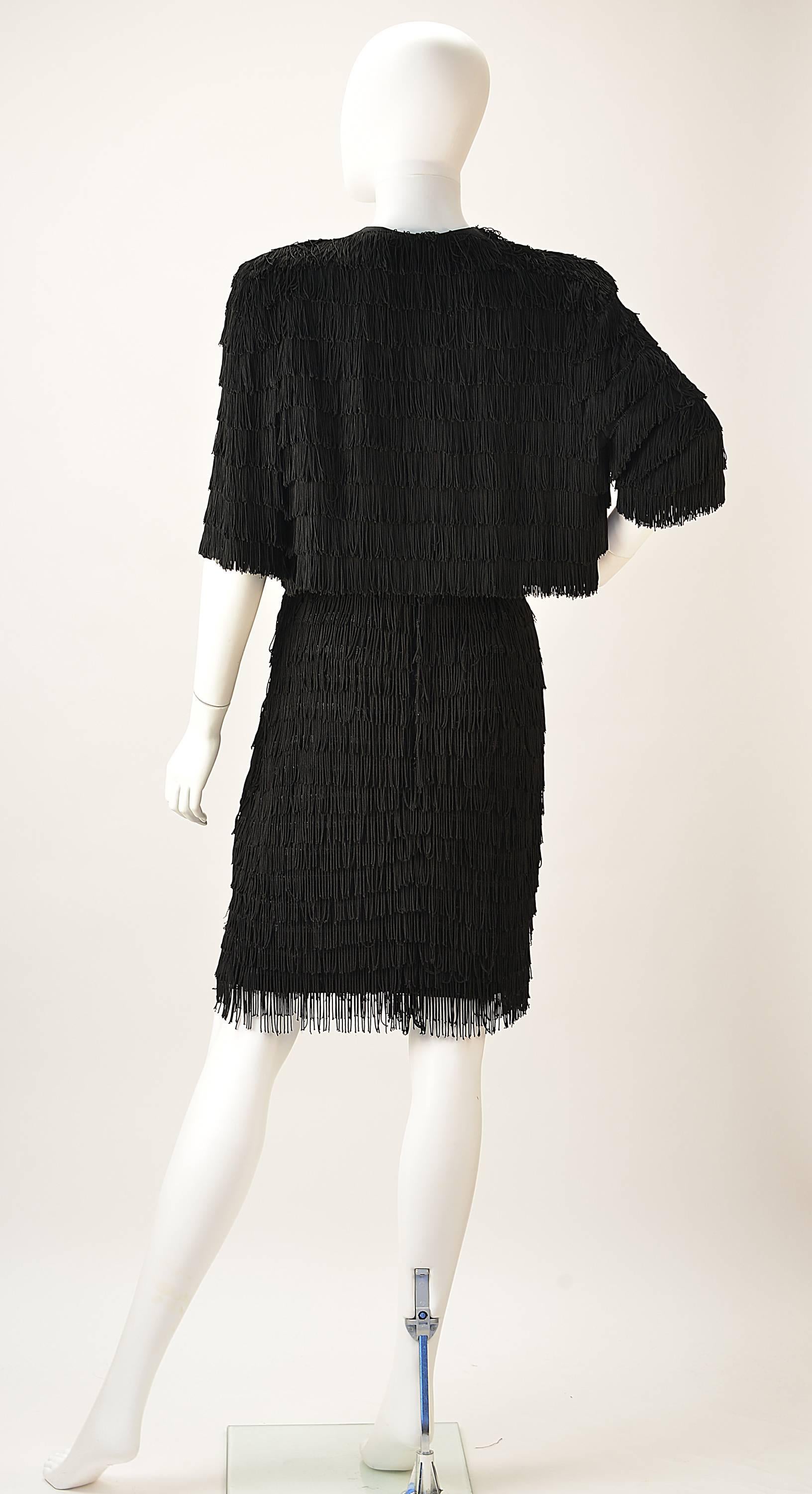 1950s Black Fringe Dress with Matching Fringe Bolero In Excellent Condition For Sale In Houston, TX