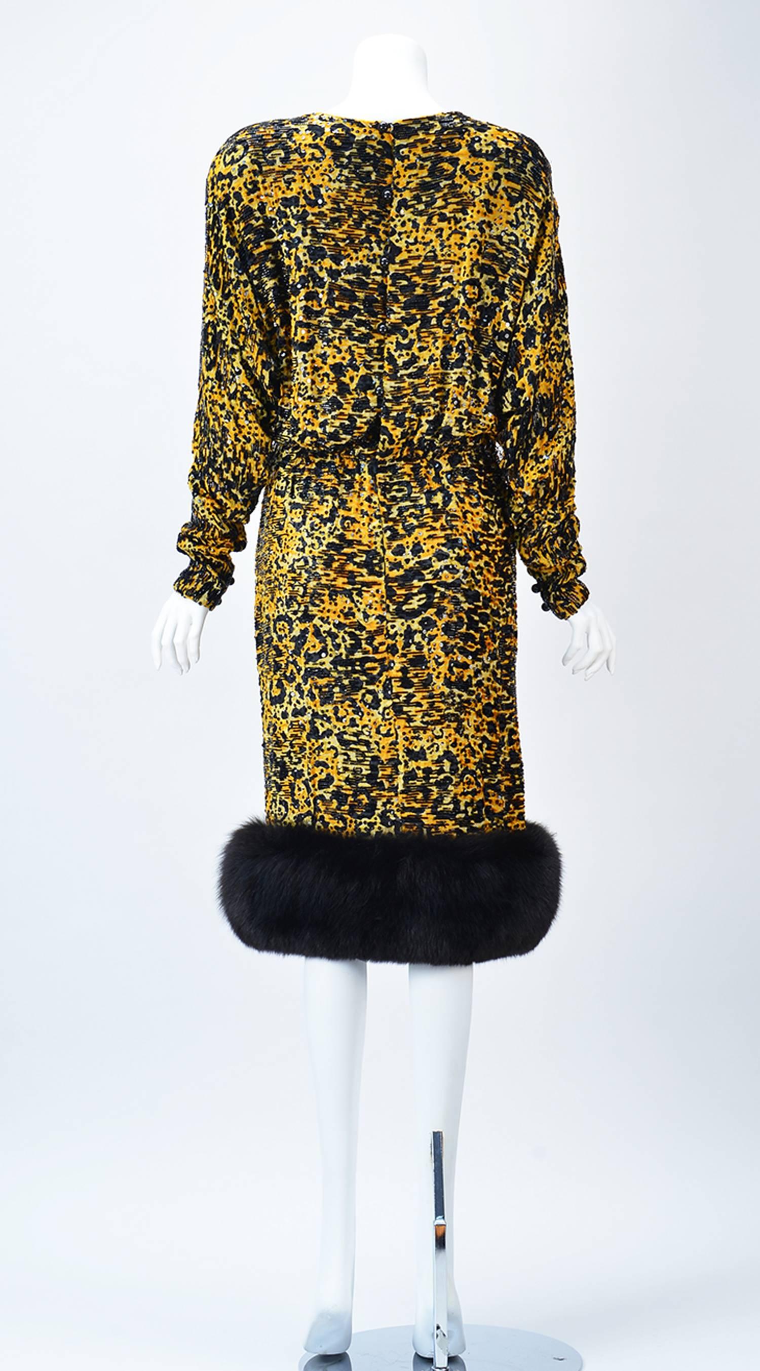 Black 1980s Bill Blass Silk Burnout Yellow Leopard Print Dress with Mink Trim For Sale