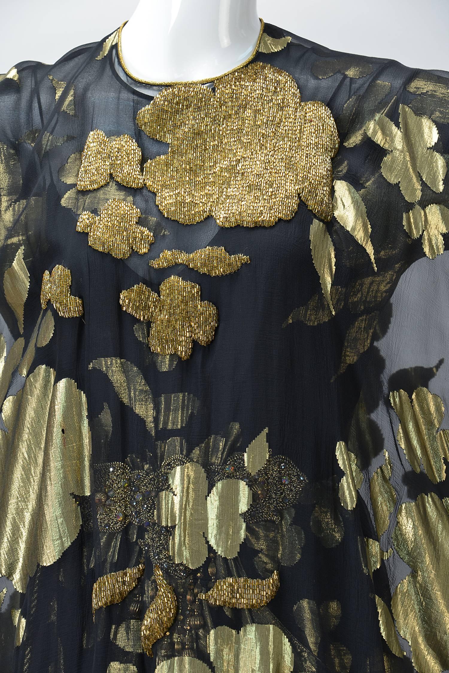 1970s Oscar de la Renta Abstract Floral Metallic Dress Ensemble 2
