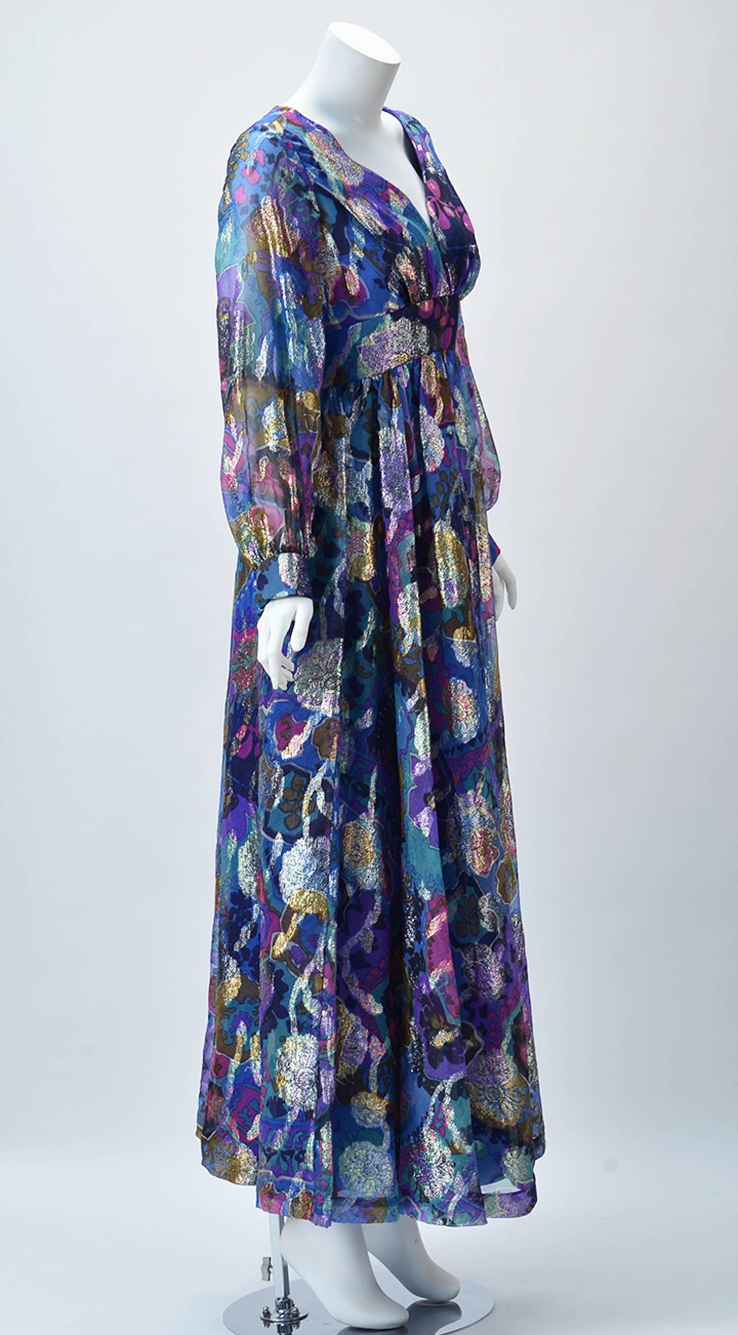 Women's 1970s Oscar de la Renta Abstract Floral Metallic Dress