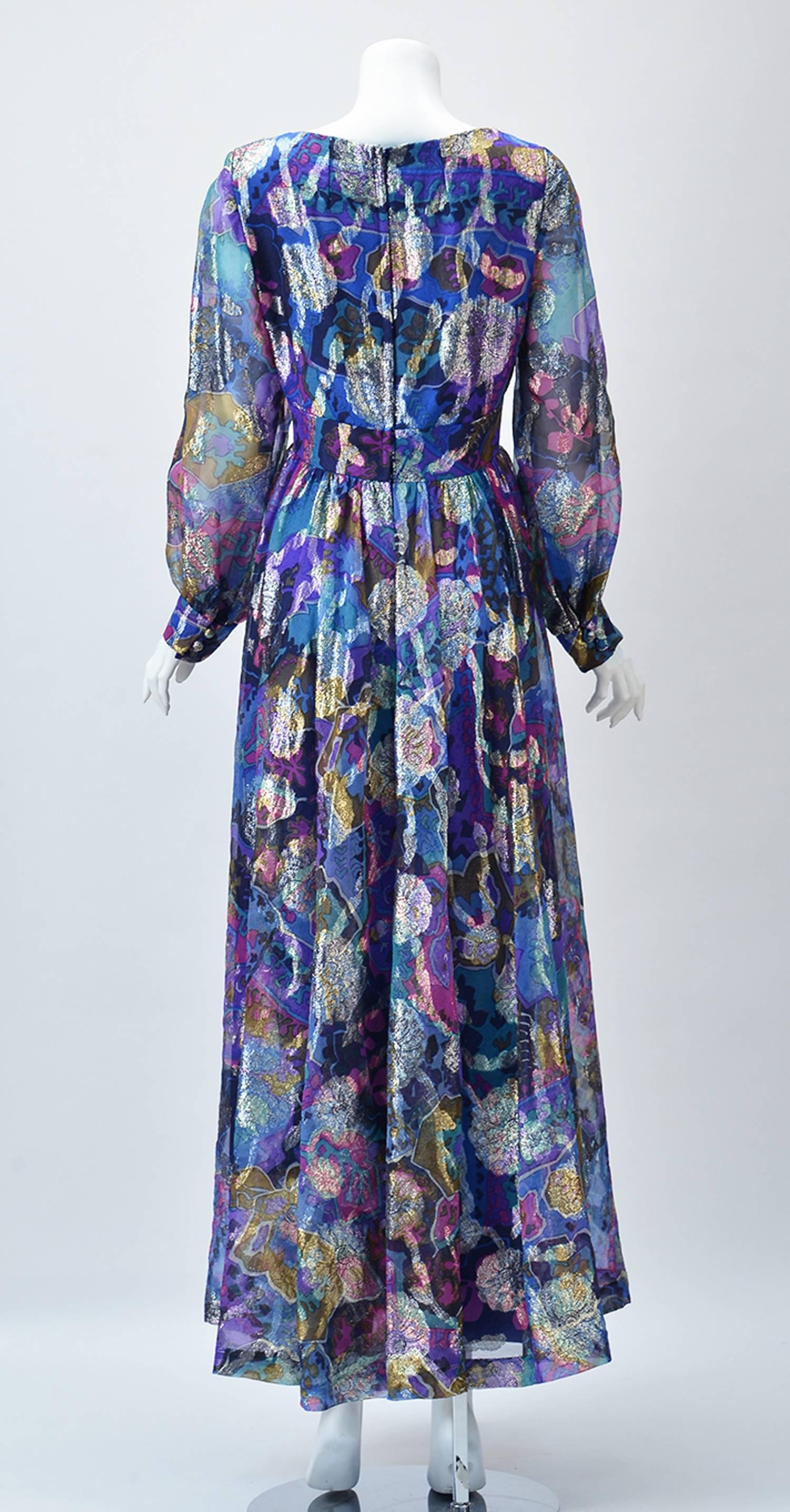 1970s Oscar de la Renta Abstract Floral Metallic Dress 1