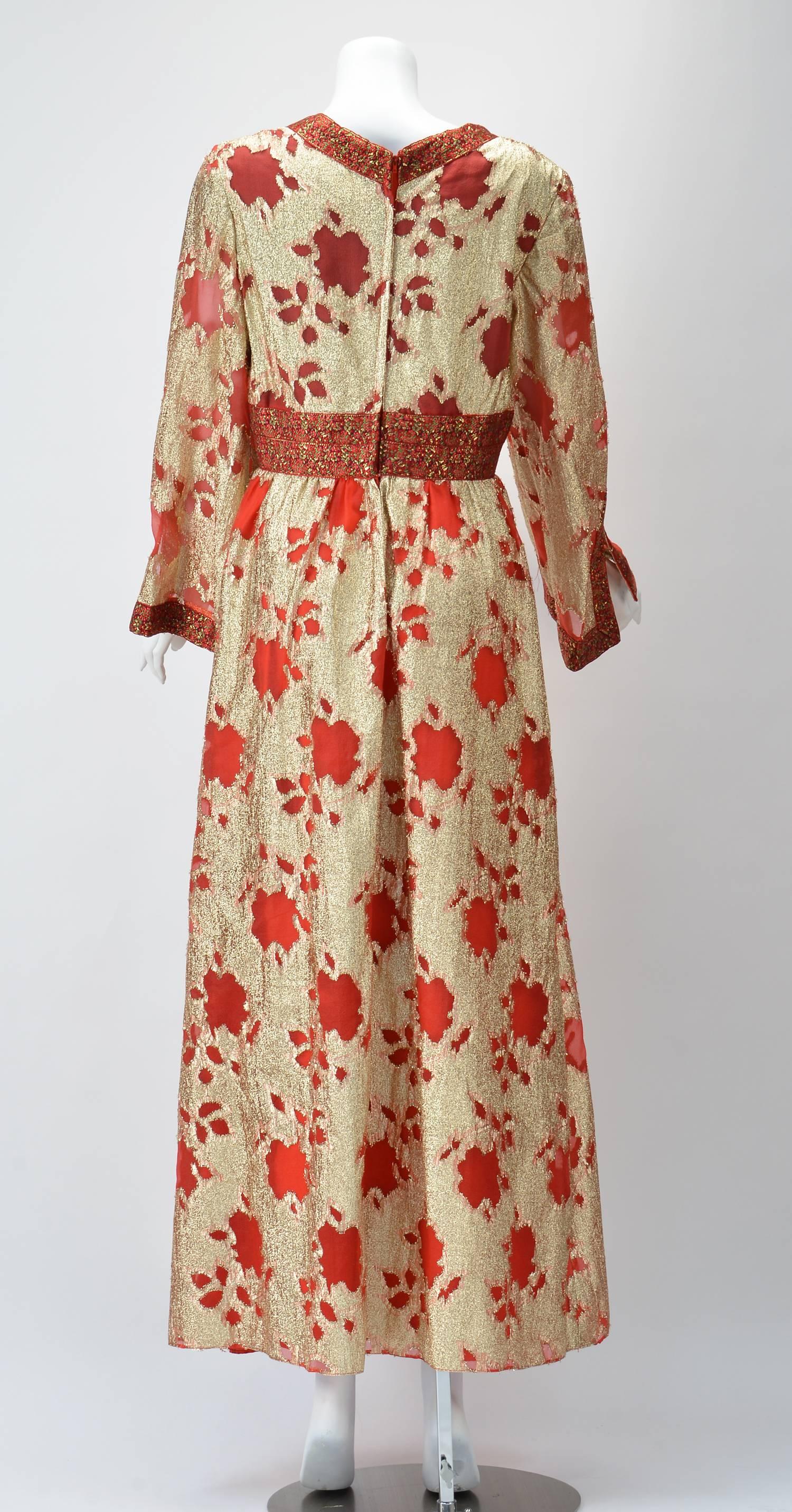 Brown 1960s Lillie Rubin Gold and Red Metallic Dress