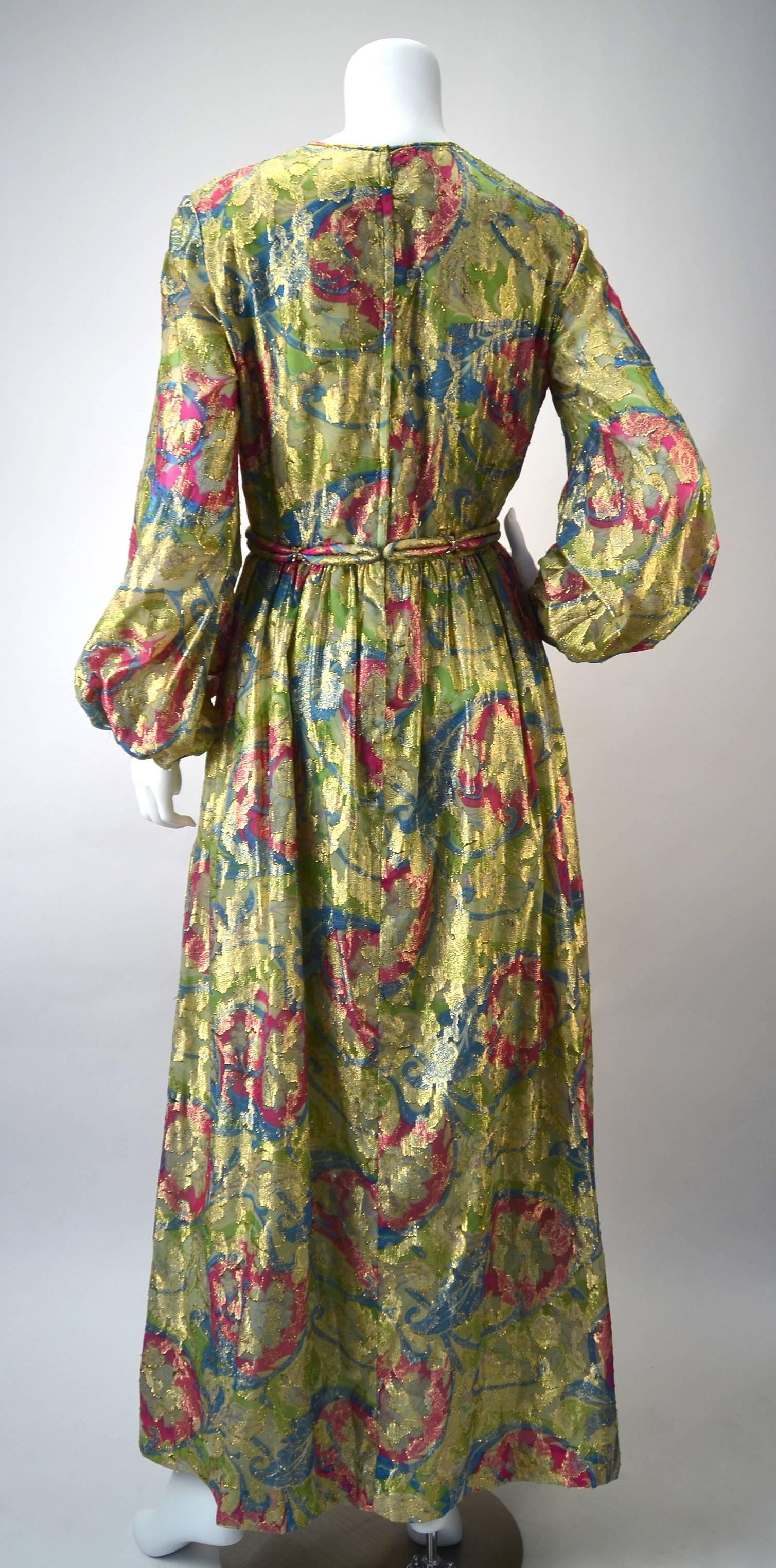 Brown 1960s Bonwit Teller Metallic Floral Evening Dress