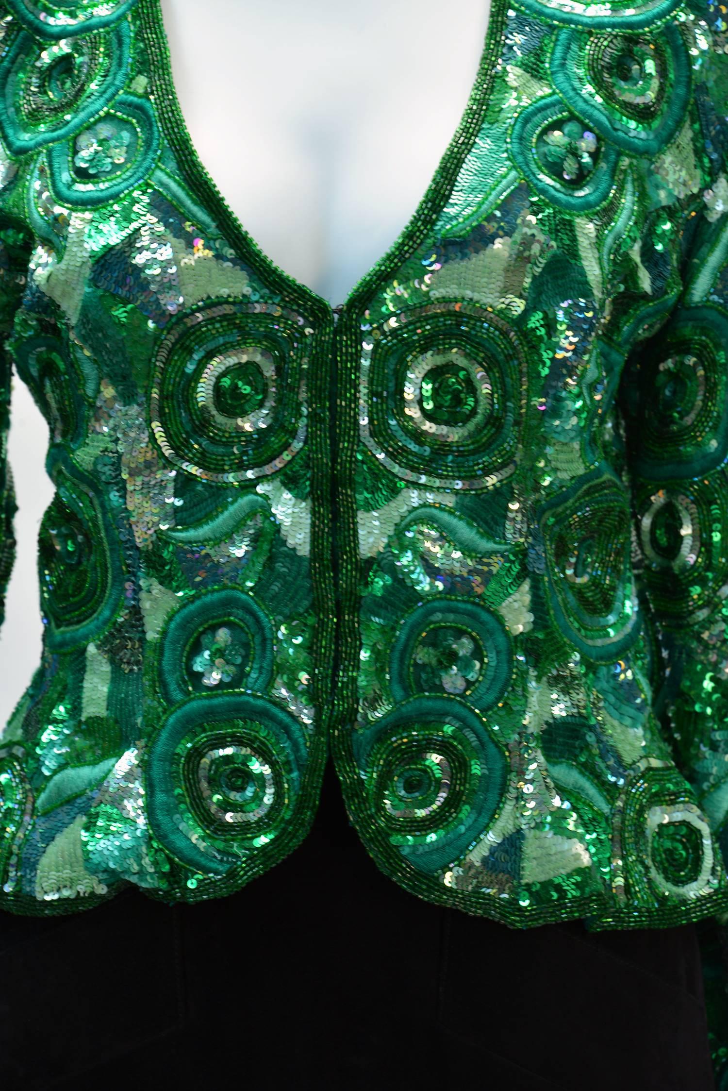 1980s Naeem Khan Green Pure Silk Sequined Jacket In Excellent Condition For Sale In Houston, TX