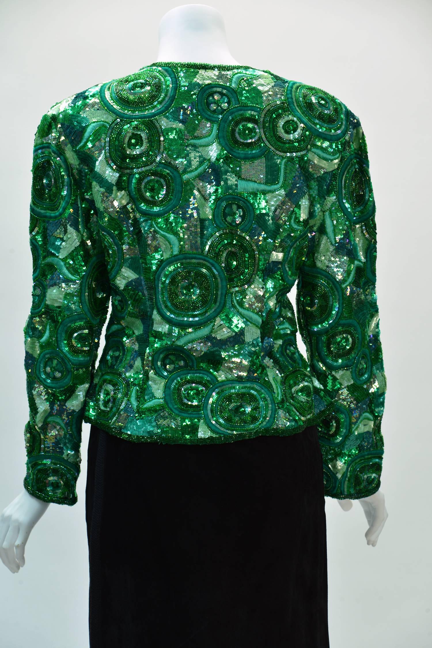 Blue 1980s Naeem Khan Green Pure Silk Sequined Jacket For Sale