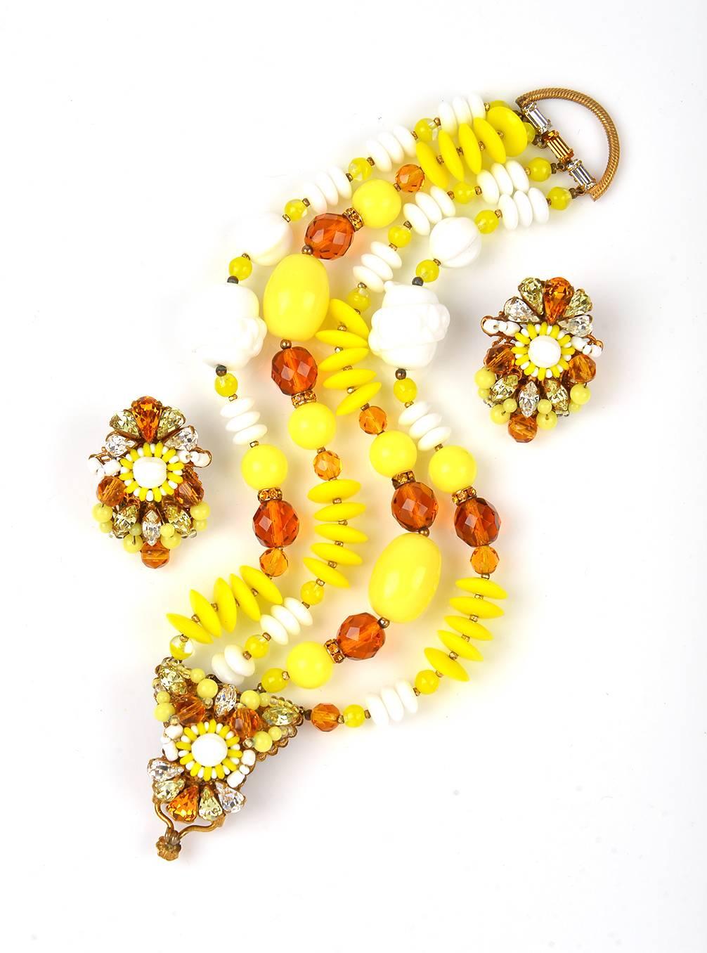 1950s Eugene Schultz Yellow Glass Beads and Rhinestone Demi Parur For Sale 4