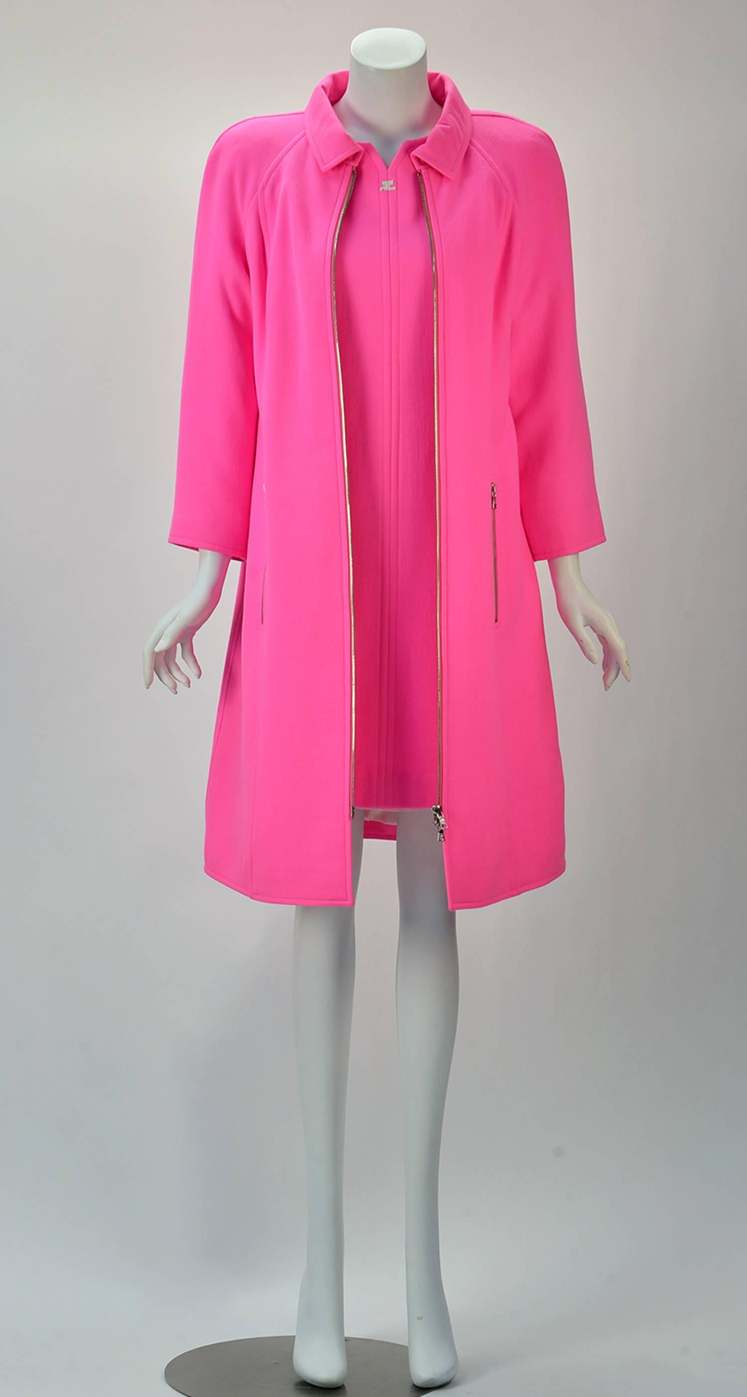 Courreges Paris Hot Pink Color Blocked Dress and Coat Ensemble  1