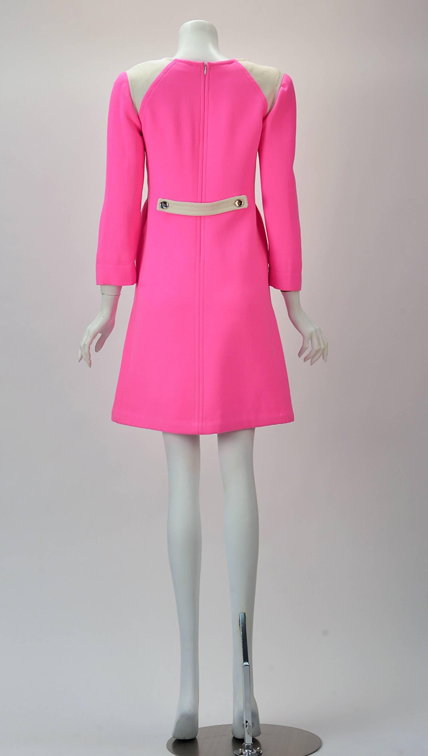 Courreges Paris Hot Pink Color Blocked Dress and Coat Ensemble  In Excellent Condition In Houston, TX