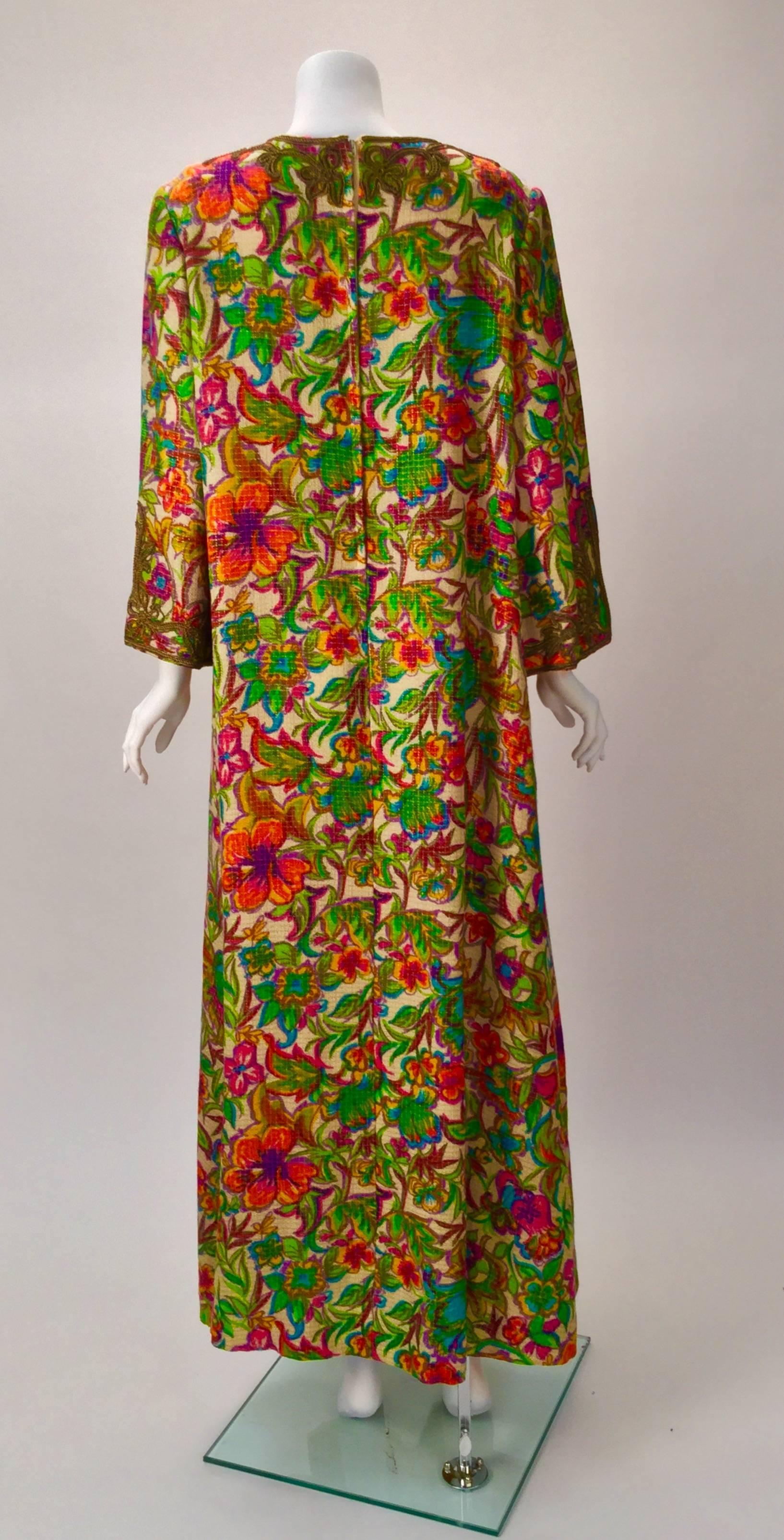 Brown Floral Multi-Colored Embroidered Kaftan OS, 1970s   For Sale