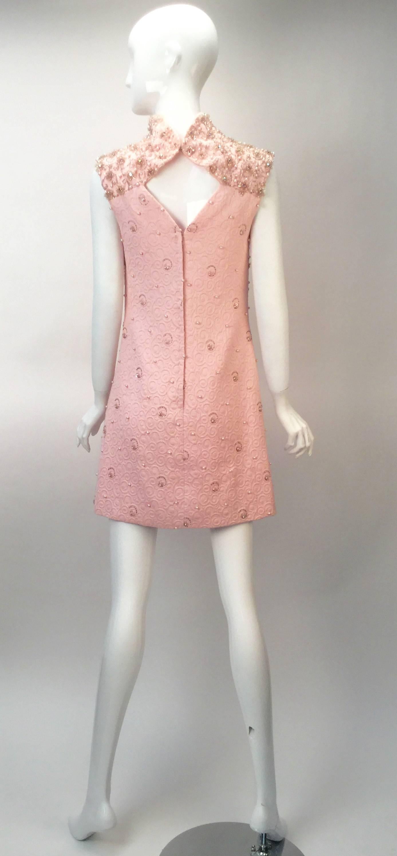 Beige 1960s Pink Jacquard Beaded Sequin Mini Dress 