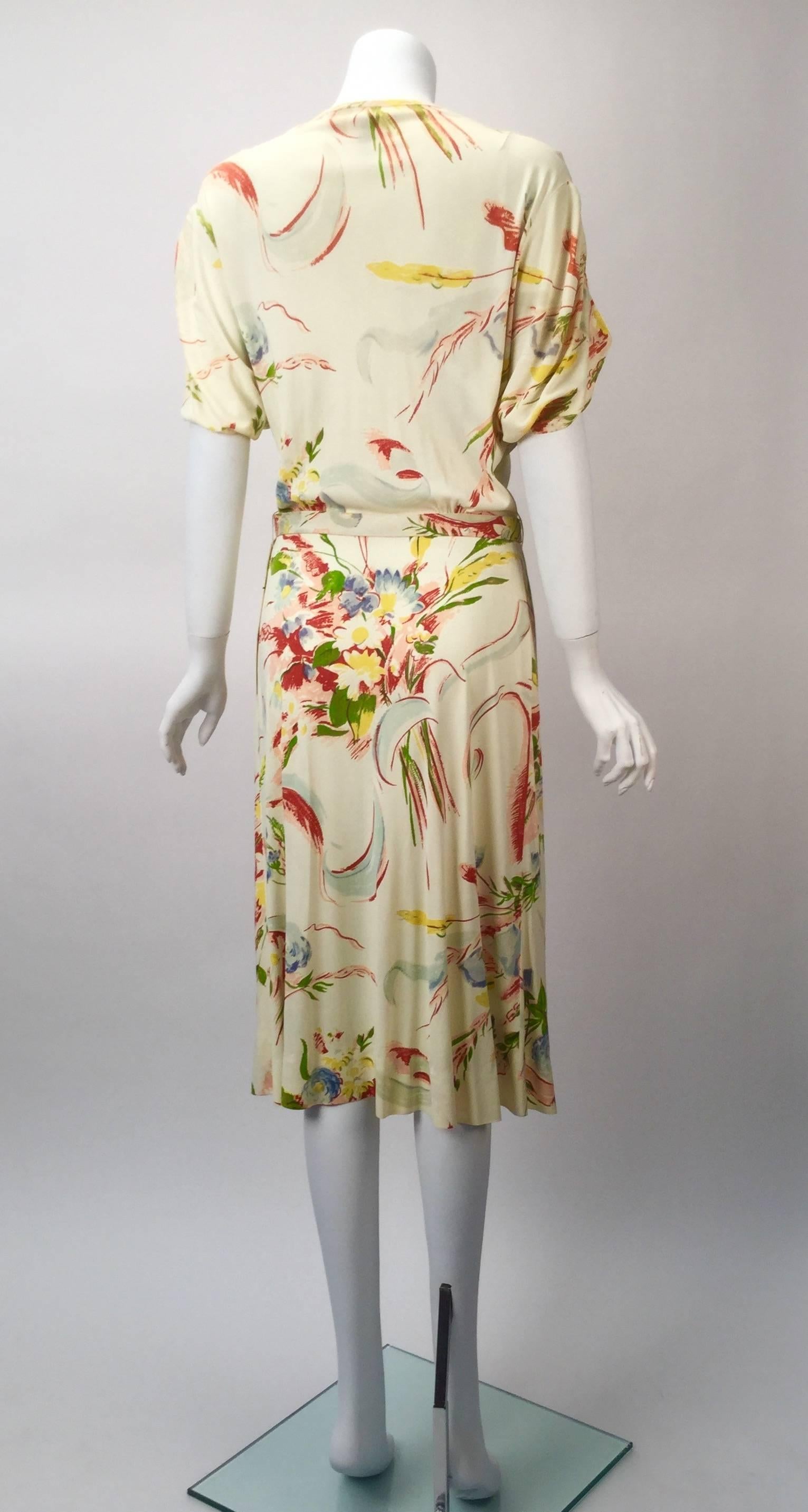 Brown 1930s Silk Jersey Knit Floral Print Day Dress