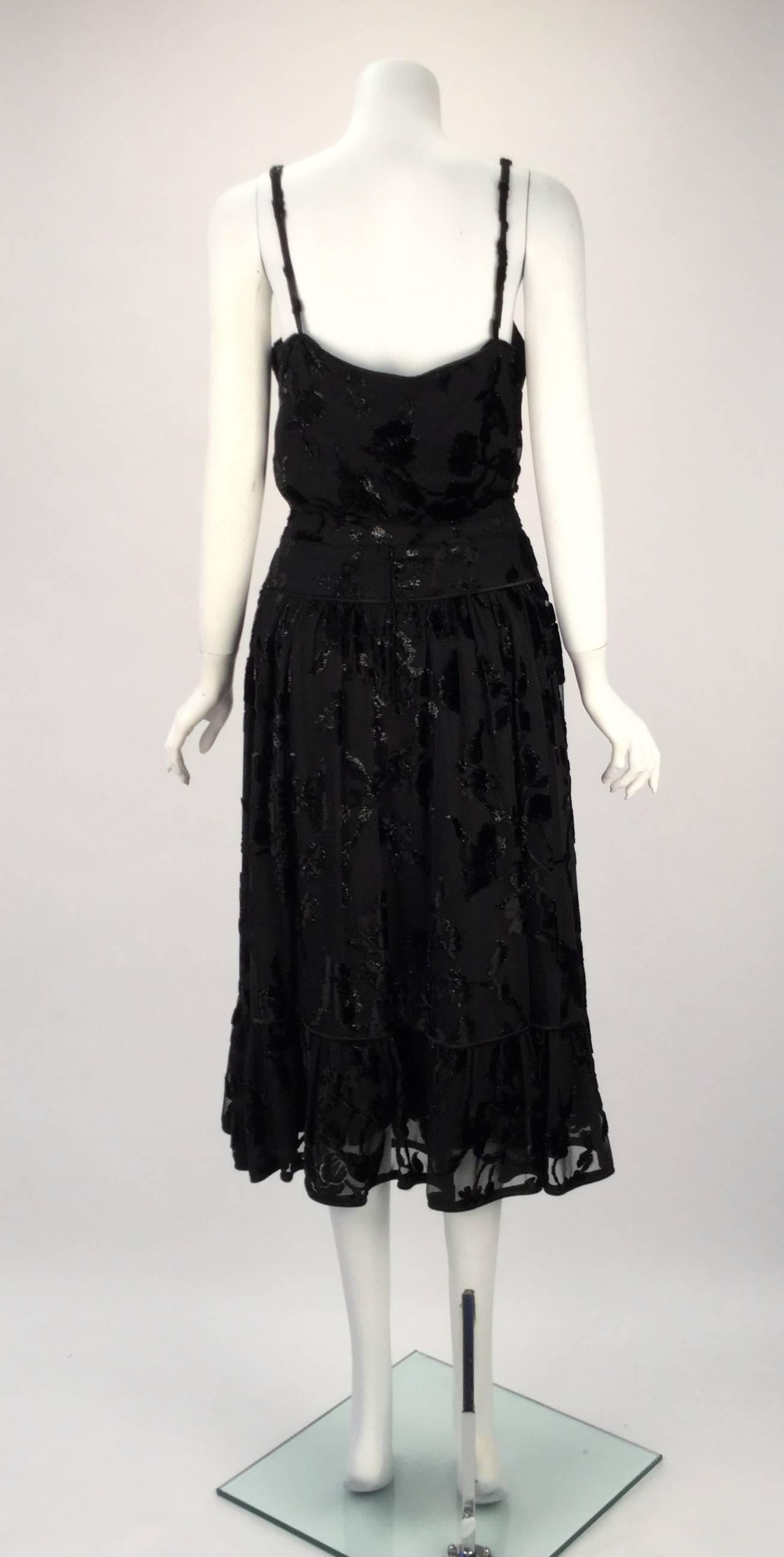 1980s Alan Austin Black Floral Silk Burn Out Top and Skirt In Excellent Condition For Sale In Houston, TX