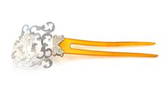 Late Victorian Sterling Silver Comb with Amber Celluloid Prongs