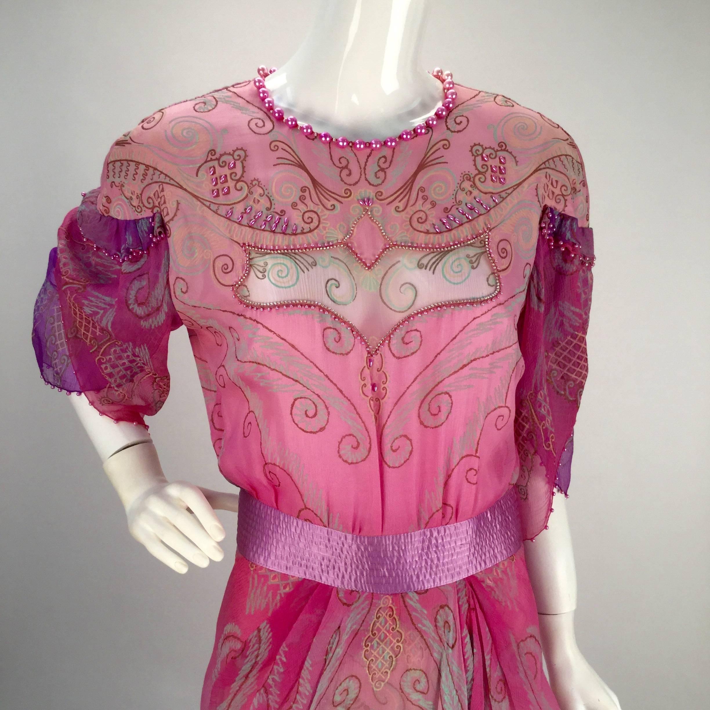 Women's 1970s Zandra Rhodes Pink Sik Screened Silk Evening Gown 