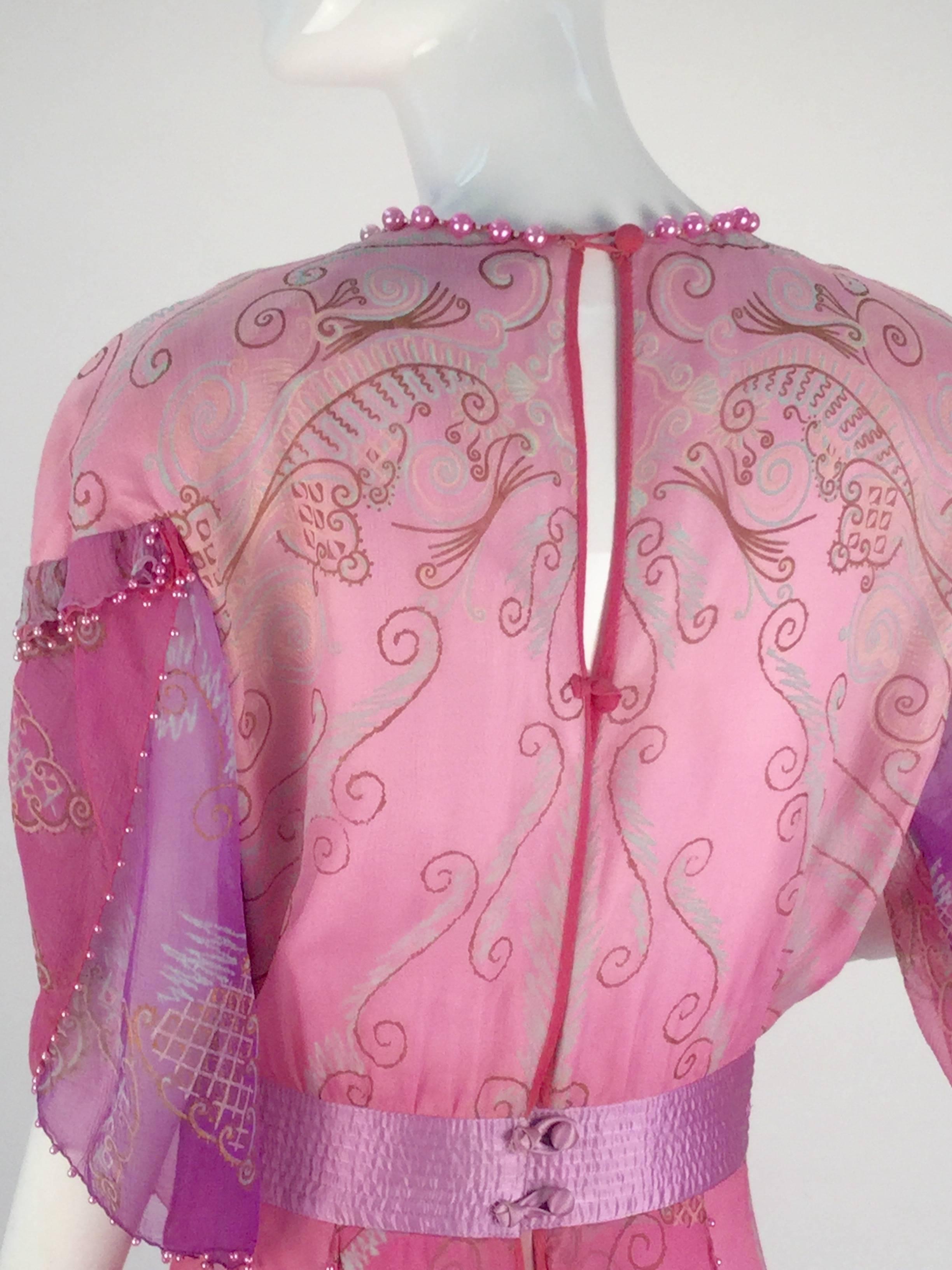 1970s Zandra Rhodes Pink Sik Screened Silk Evening Gown  2