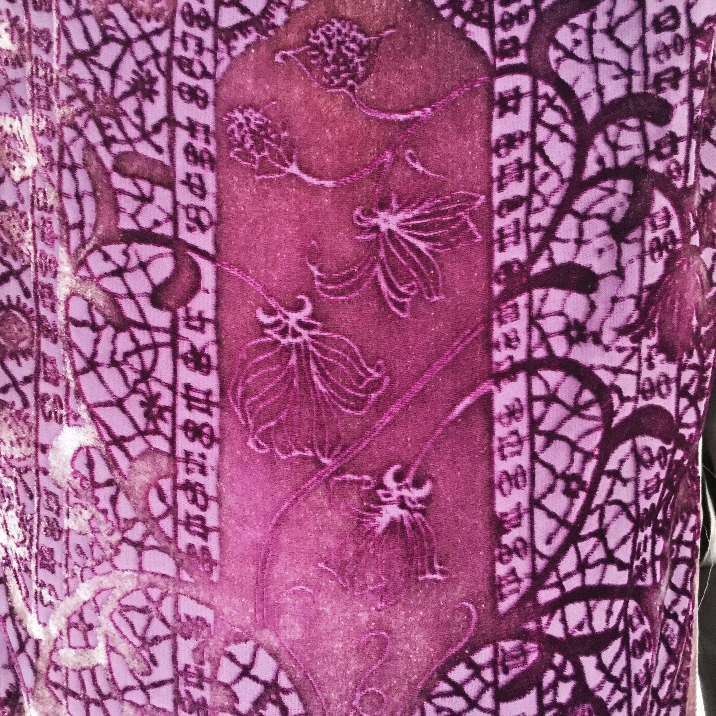 Brown 1990s Sylvia Heisel Olive Green Kaftan w/ Purple Silk Burnout Overdress  For Sale