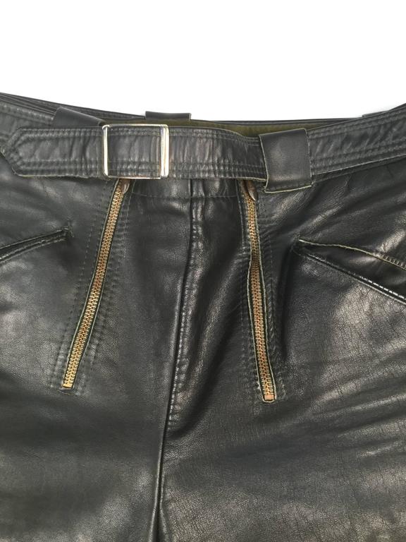 Vintage Darkest Olive Green Distressed Leather Shorts For Sale at 1stdibs