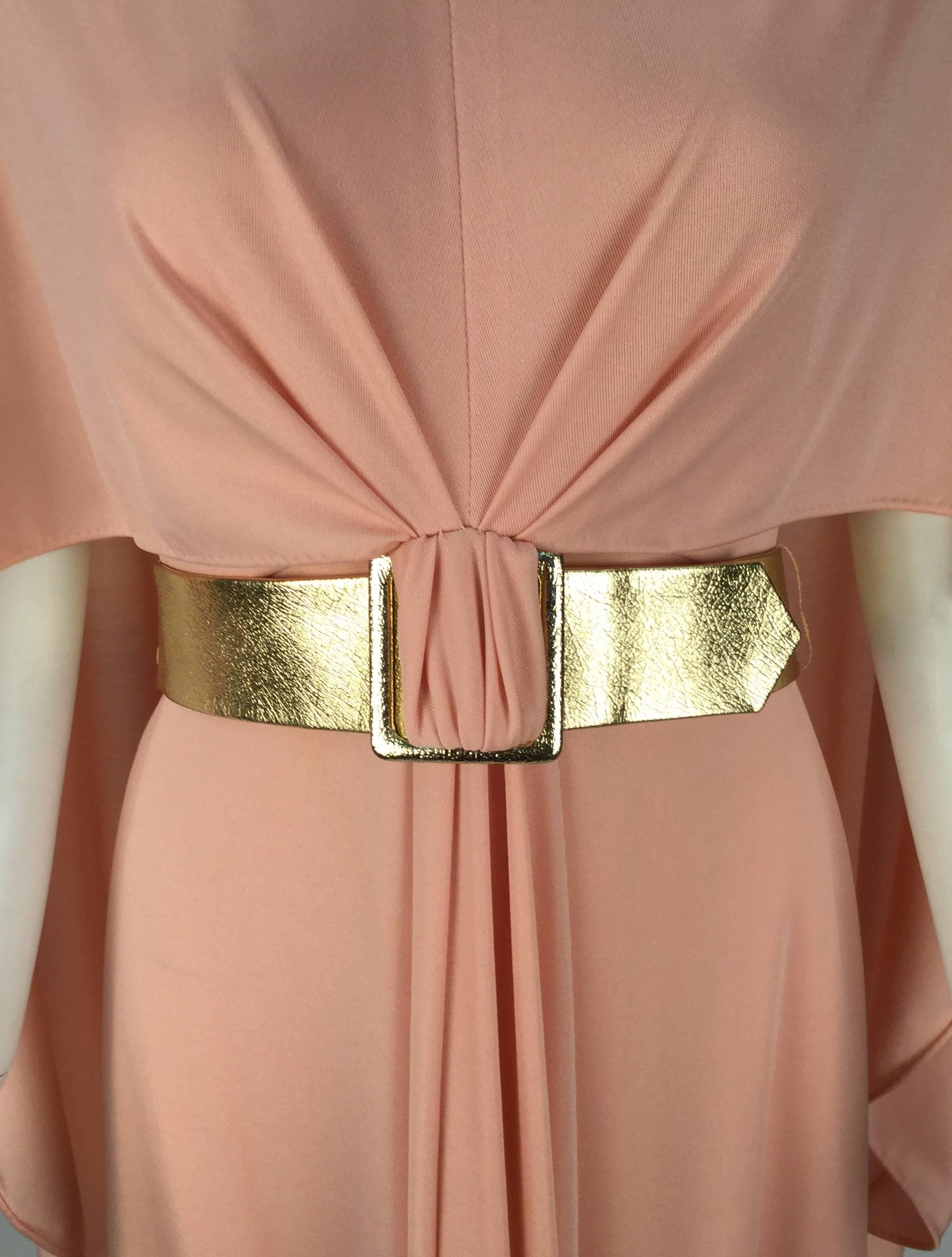 1970s New with Tags Estevez Pink Knit Evening Dress with Gold Belt In Excellent Condition In Houston, TX