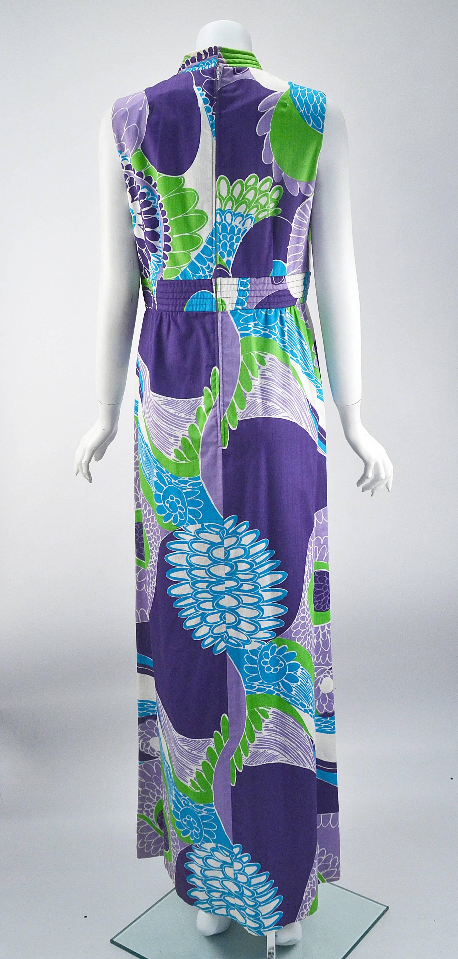Purple Tori Richard Hawaiian Print Sleeveless Maxi Dress, 1970s For Sale