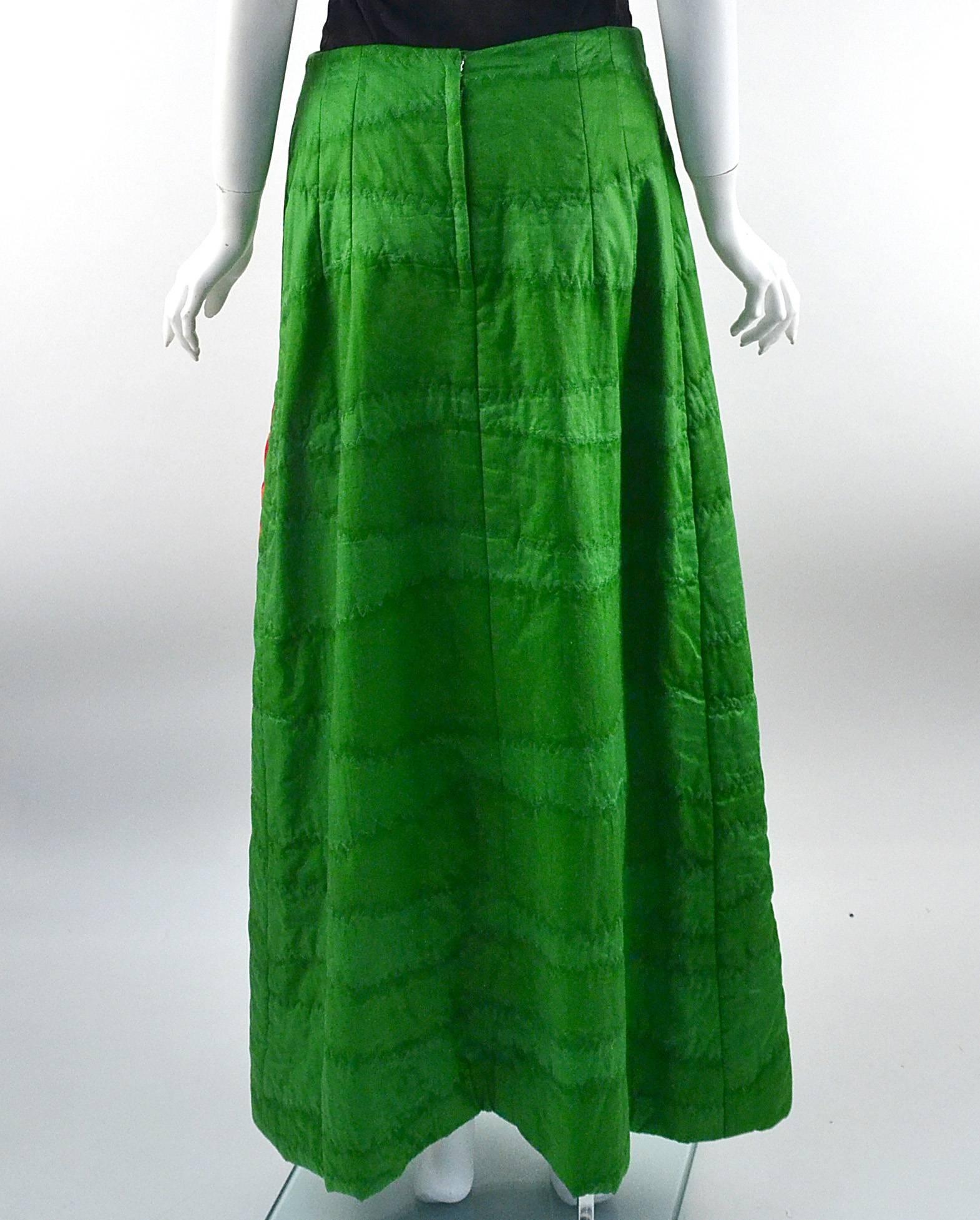 1970s Hand Screened Green Cotton Maxi Skirt In Excellent Condition In Houston, TX