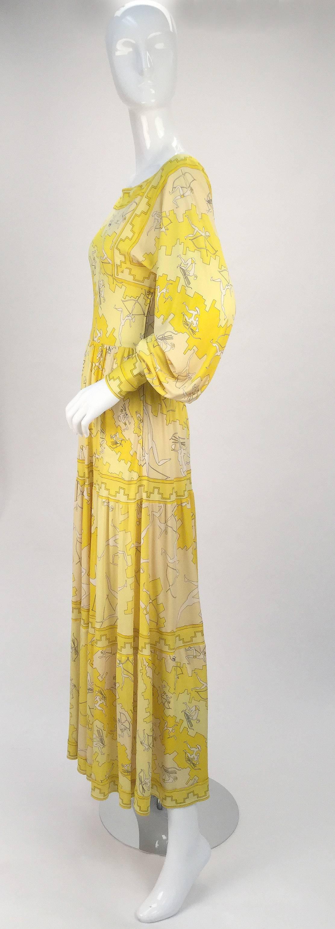 Beige Emilio Pucci Yellow Silk Knit Abstract Olympic Print Maxi, 1970s  For Sale