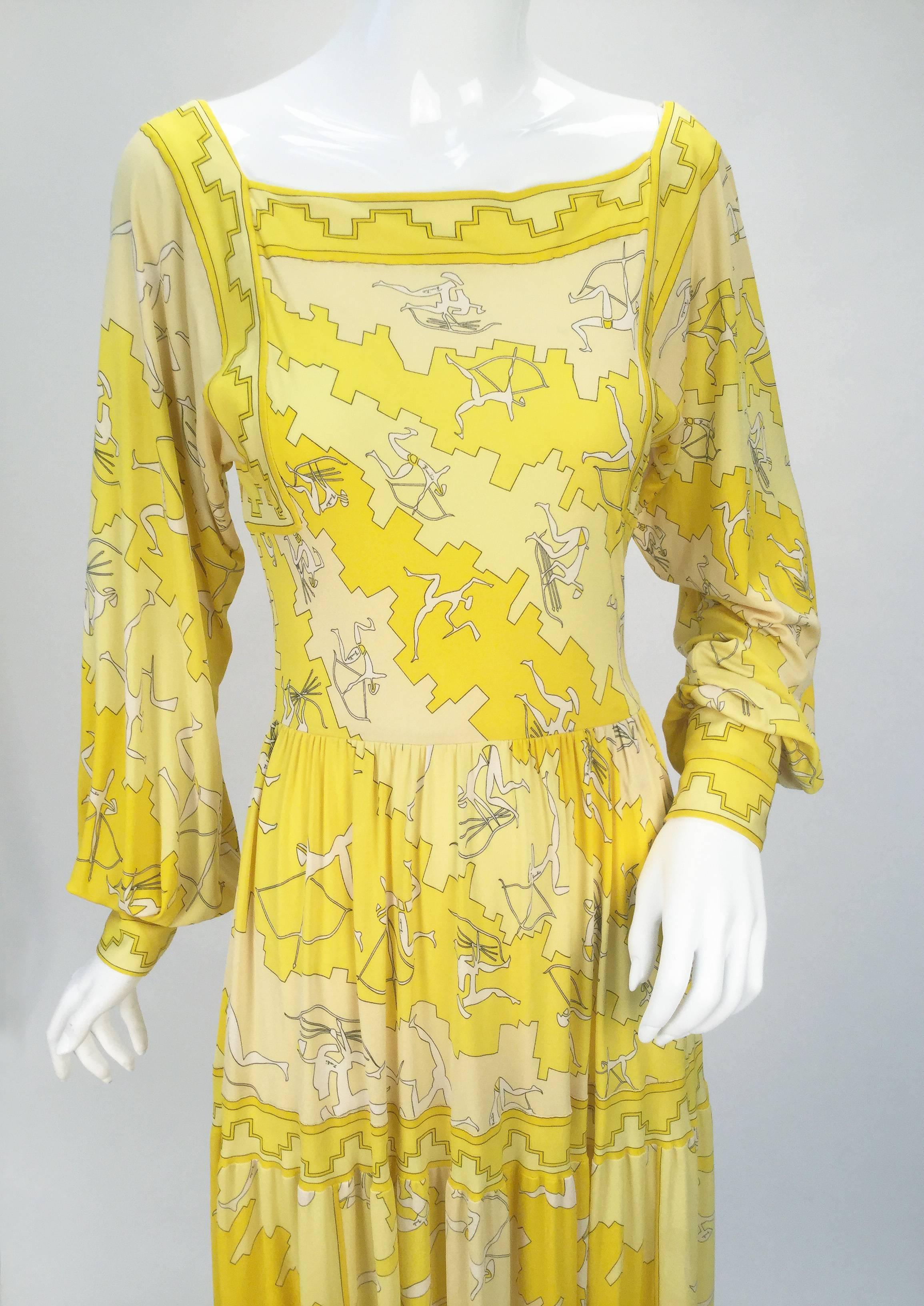Women's Emilio Pucci Yellow Silk Knit Abstract Olympic Print Maxi, 1970s  For Sale