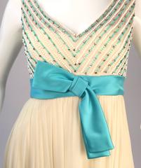 1960s Isabell Gerhart Cream and Turquoise Silk Beaded Evening Gown