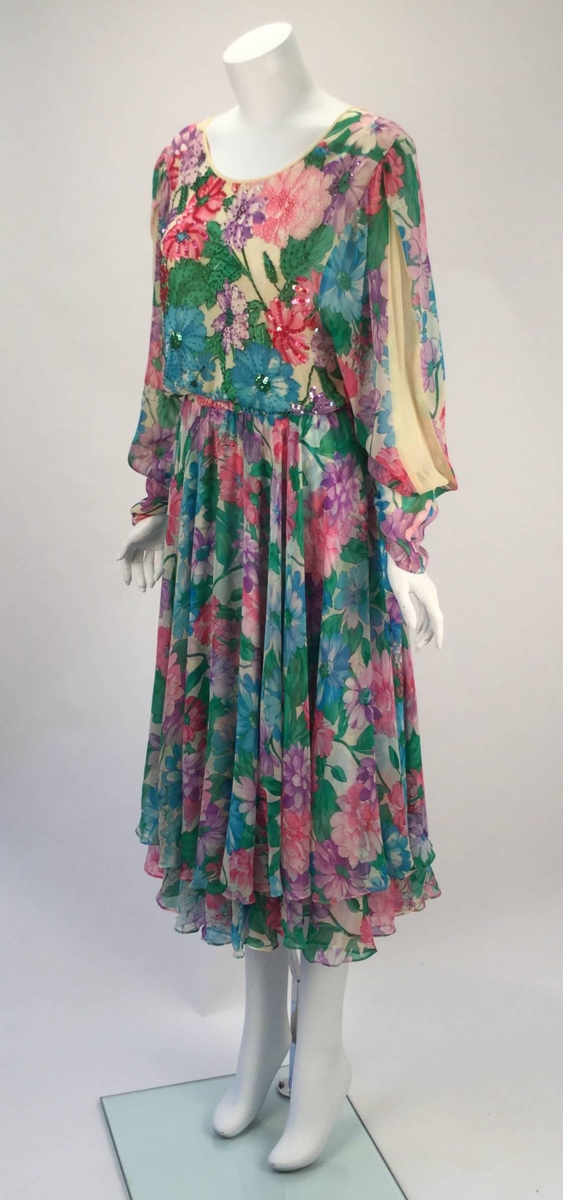 Gray 1980s Diane Freis Silk Long Sleeve Multicolor Floral Dress with Beadwork