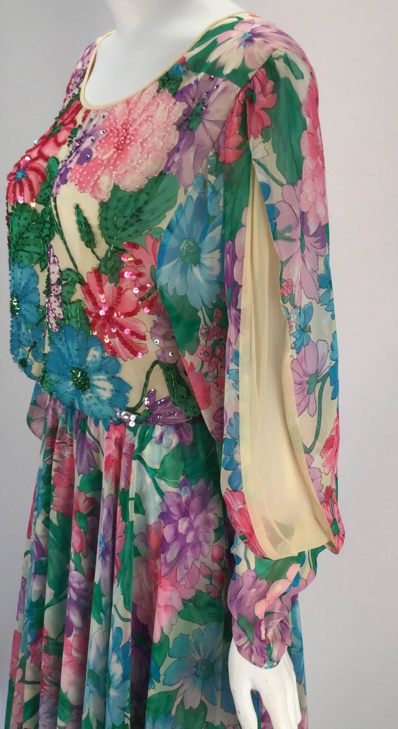 1980s Diane Freis Silk Long Sleeve Multicolor Floral Dress with Beadwork In Excellent Condition In Houston, TX