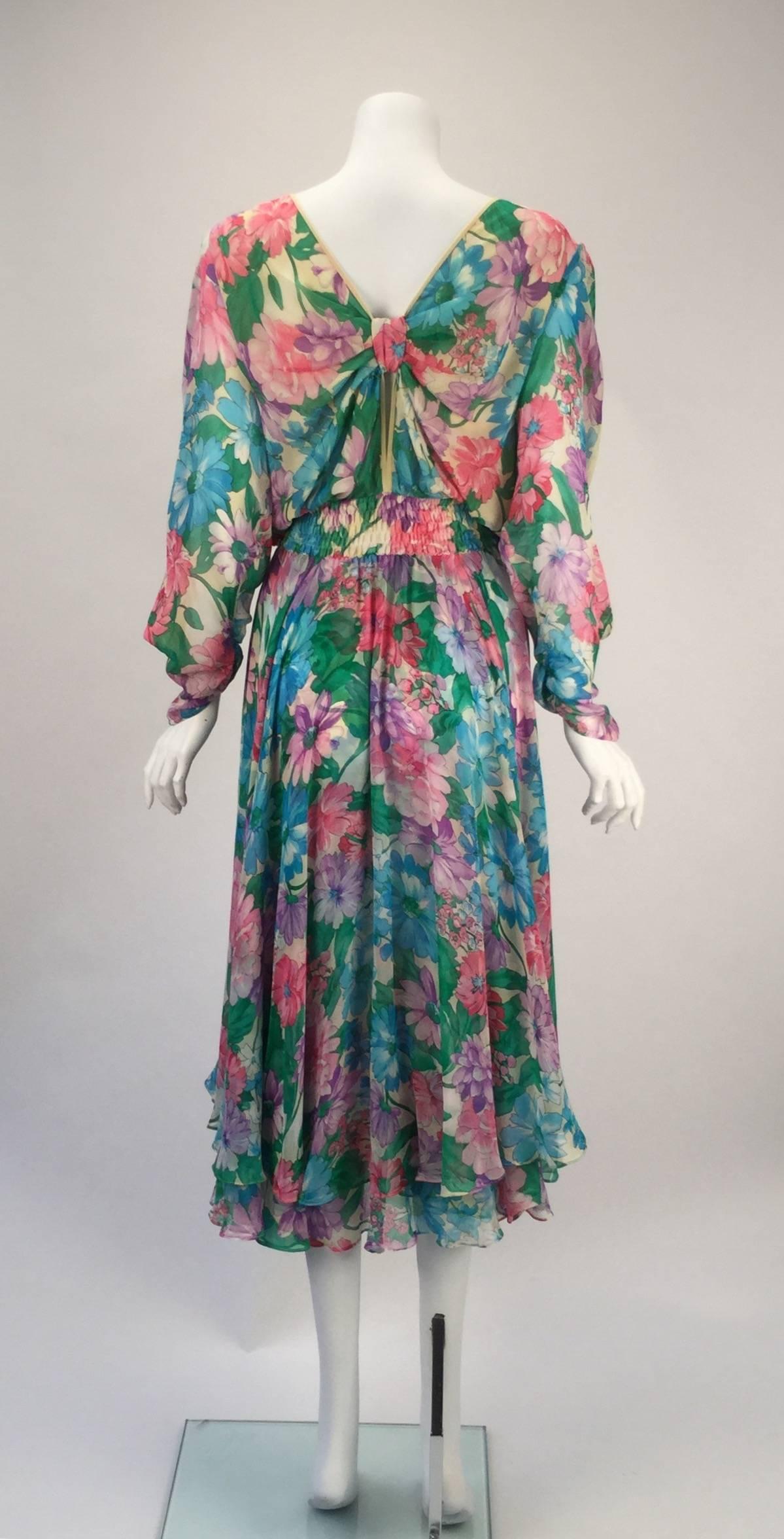 1980s Diane Freis Silk Long Sleeve Multicolor Floral Dress with Beadwork 1