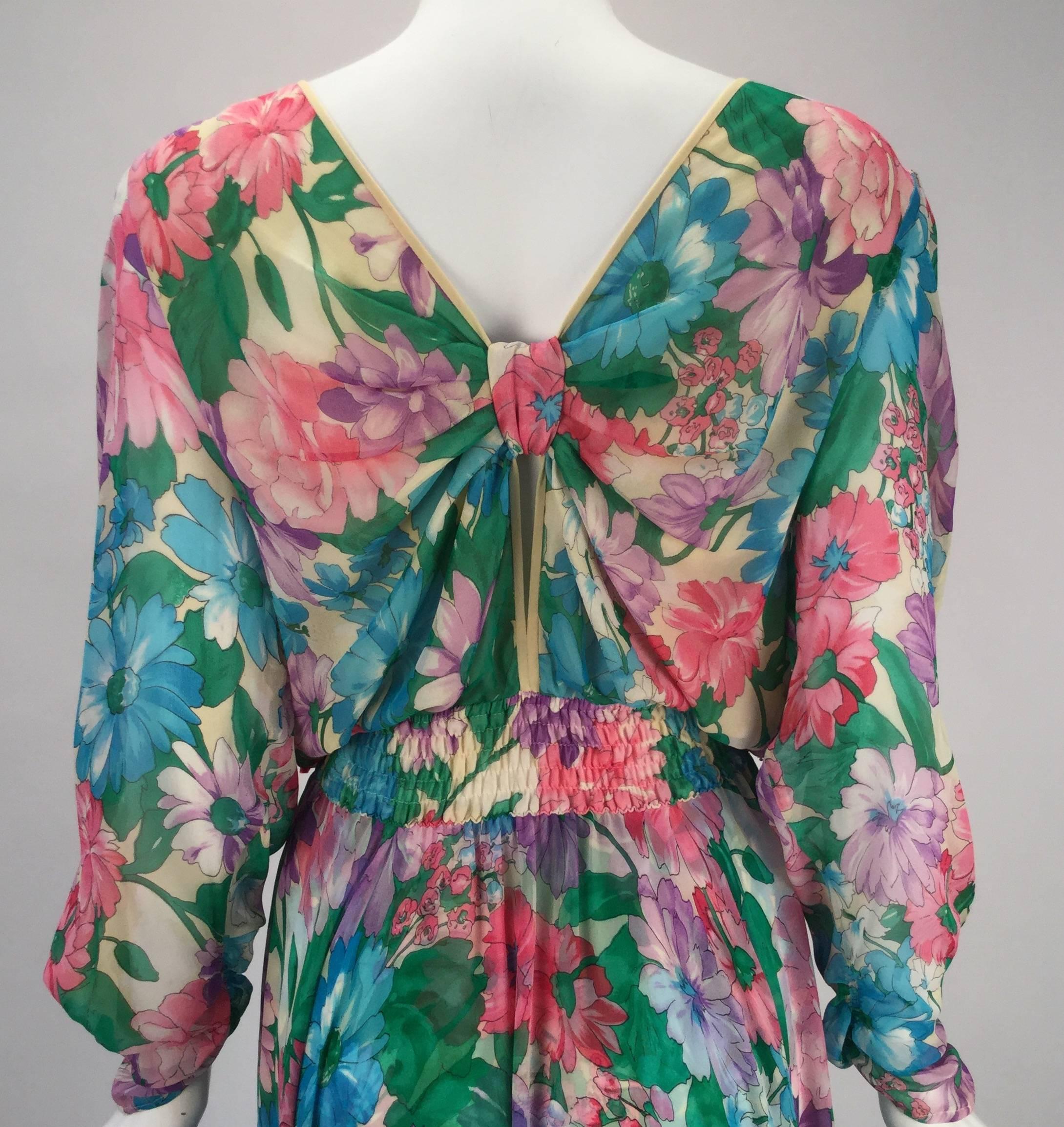 1980s Diane Freis Silk Long Sleeve Multicolor Floral Dress with Beadwork 2