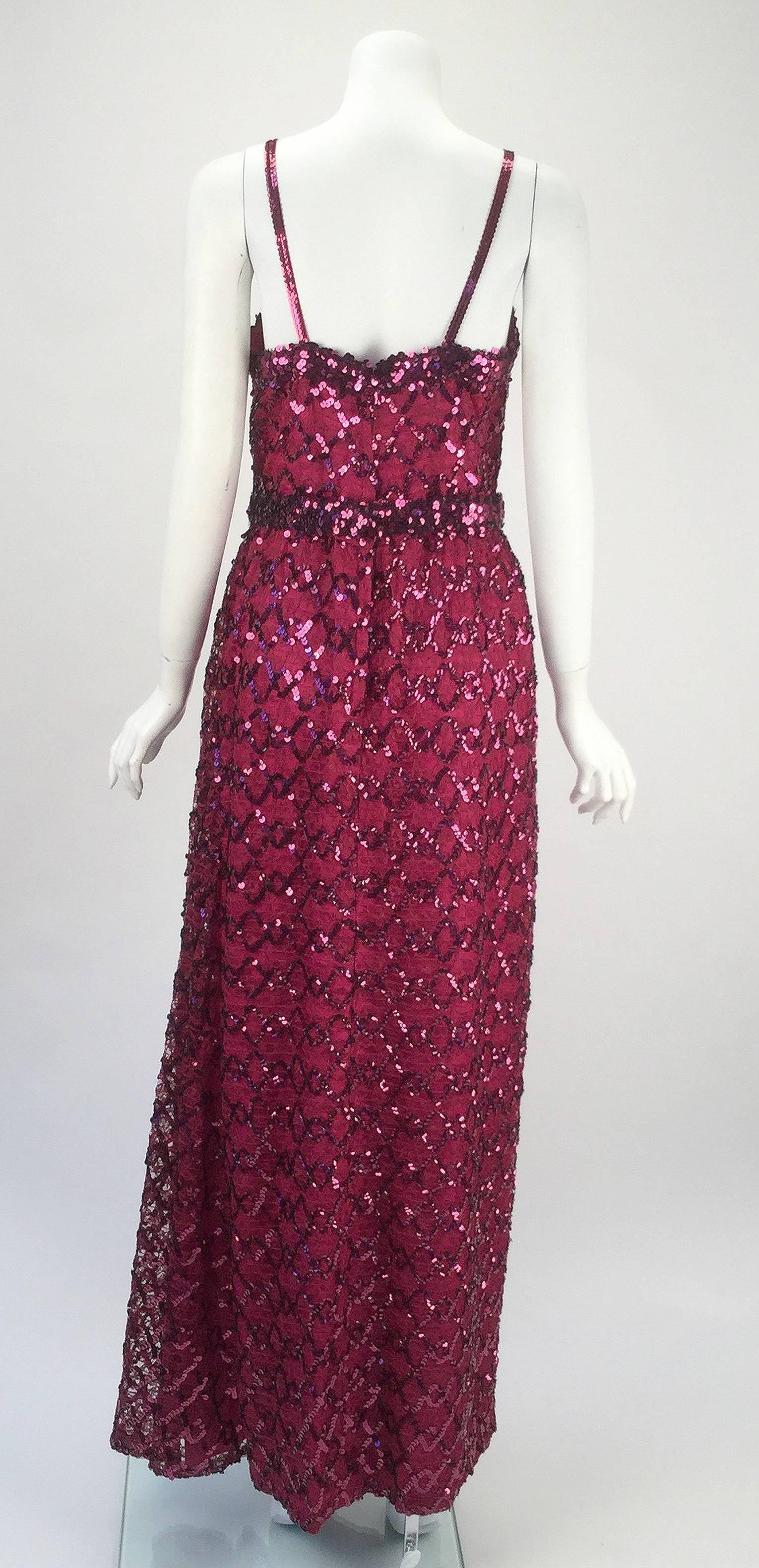 Brown Lilli Diamond Maroon Sequined Evening Gown,  1970s  For Sale