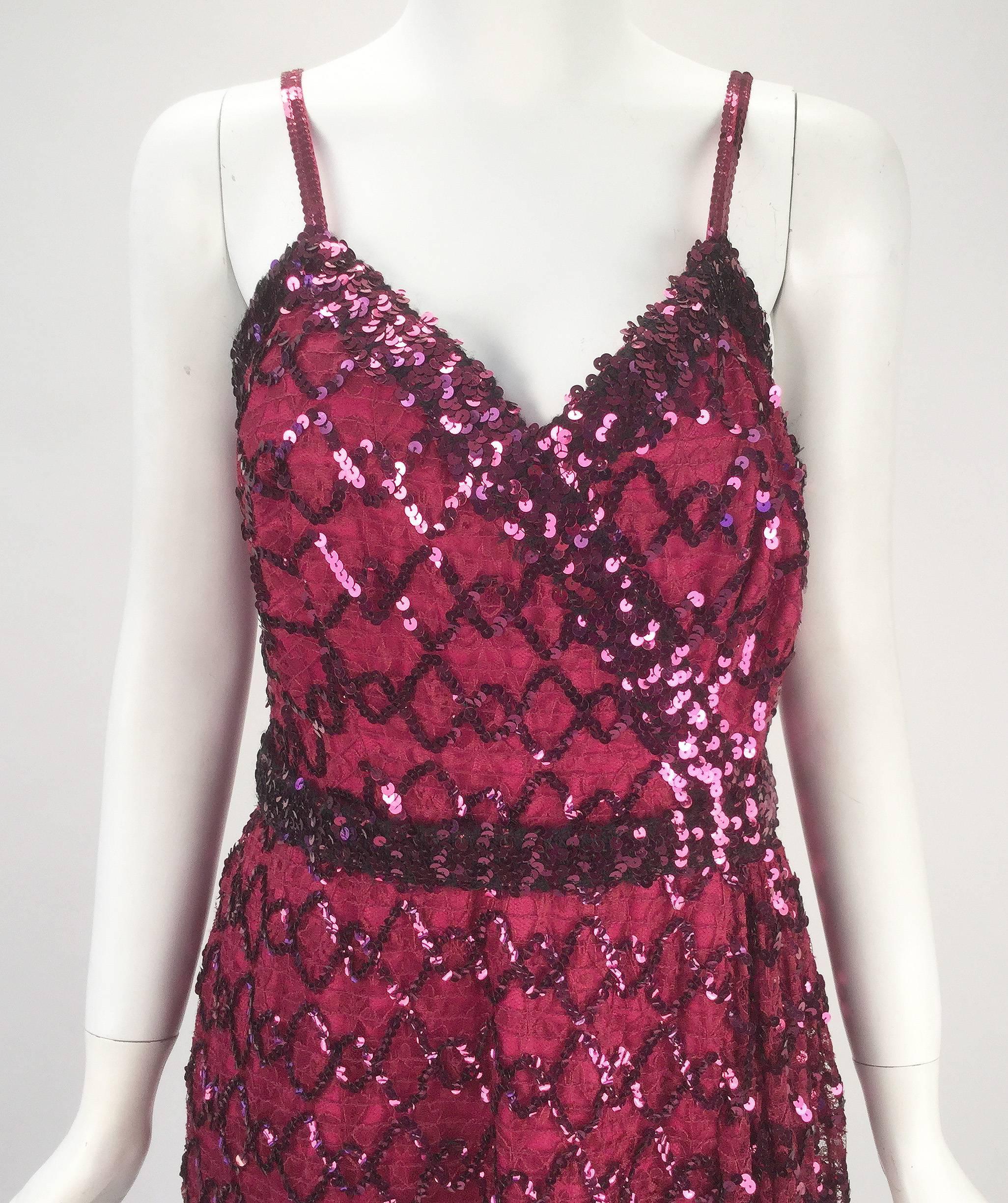 Women's Lilli Diamond Maroon Sequined Evening Gown,  1970s  For Sale