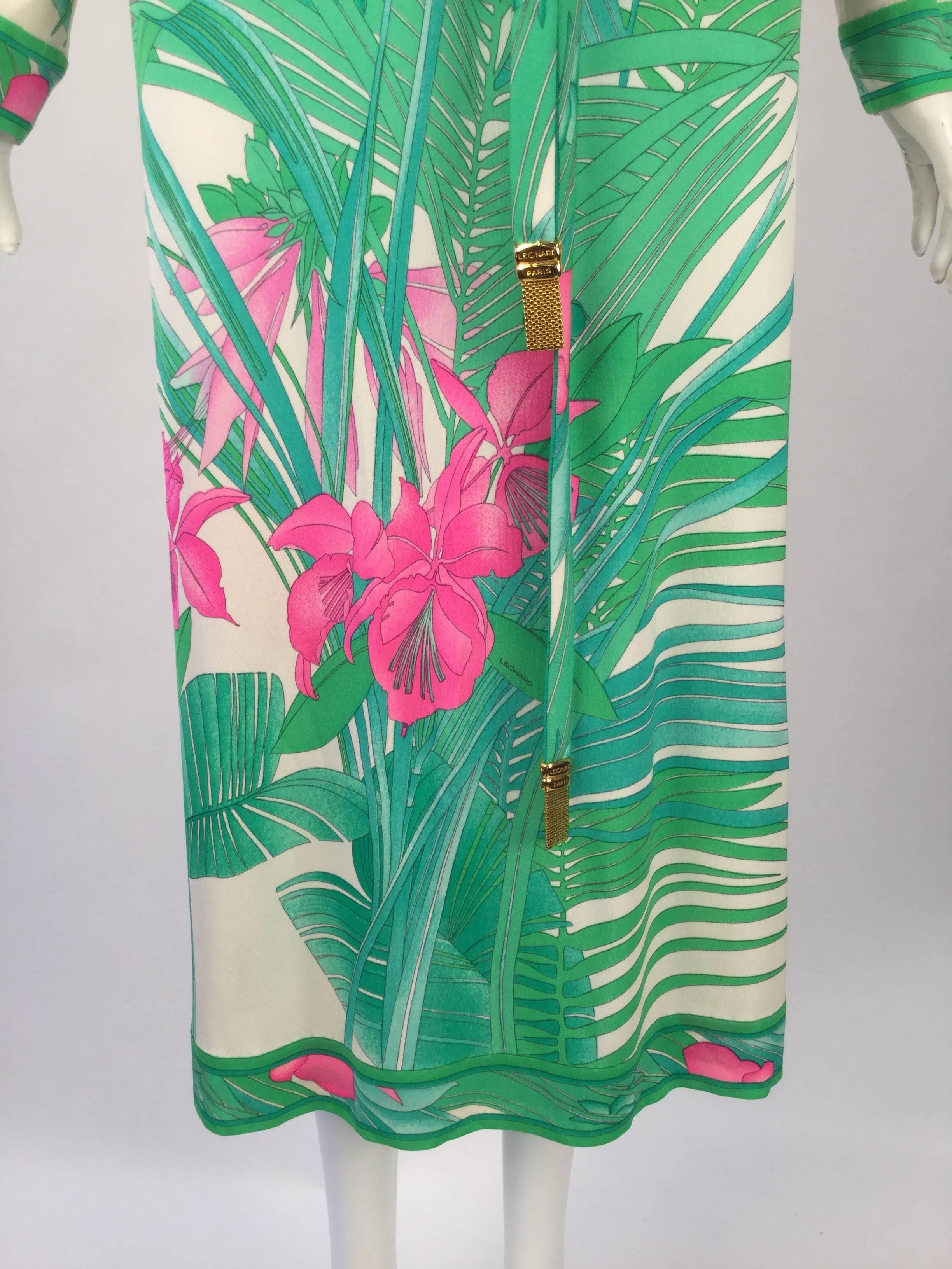 Leonard Paris Botanical Print Silk Jersey Knit Dress, 1960s  In Excellent Condition In Houston, TX