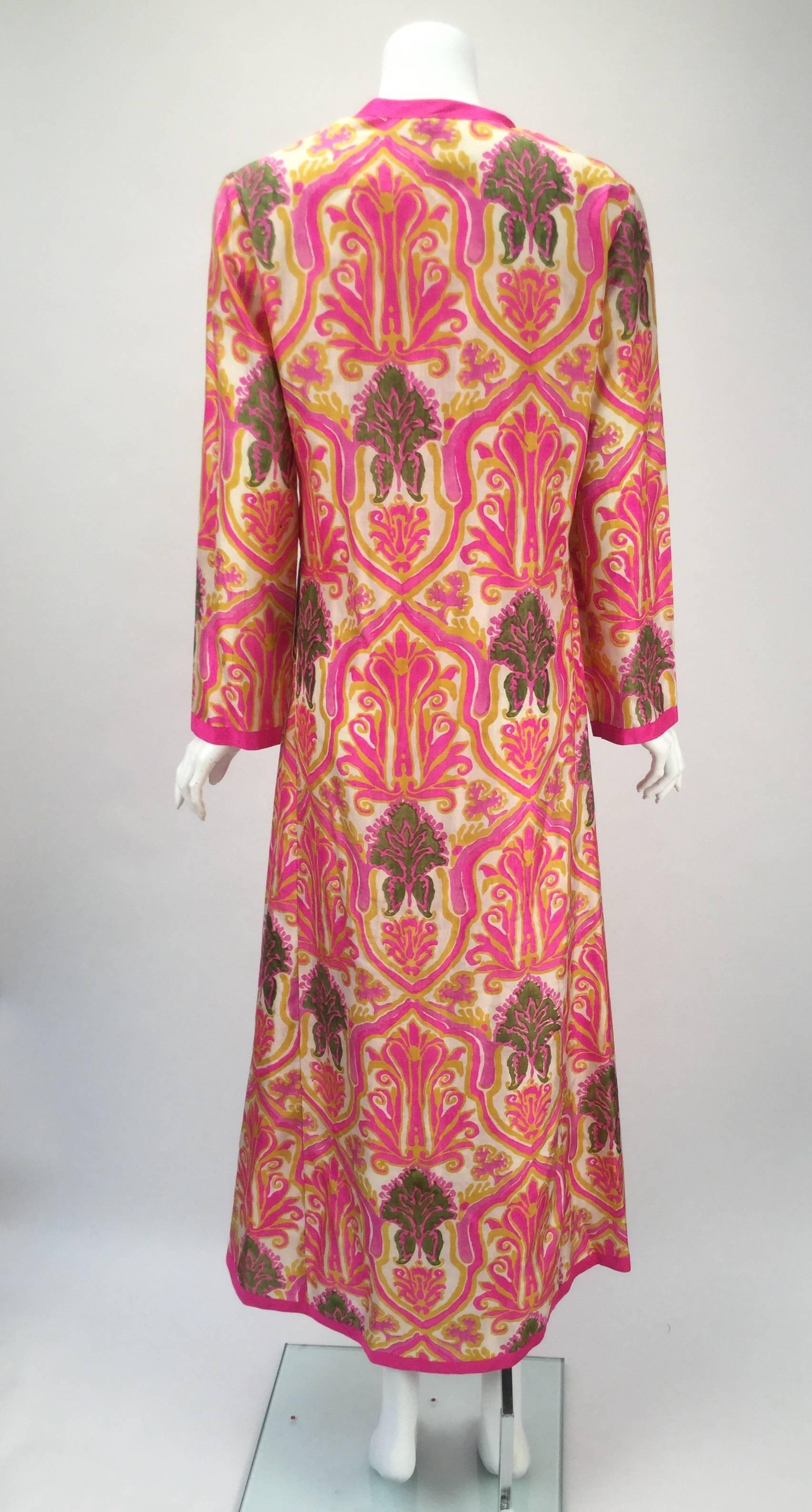 Pink 1960s Multicolor Silk Ikat Print Kaftan