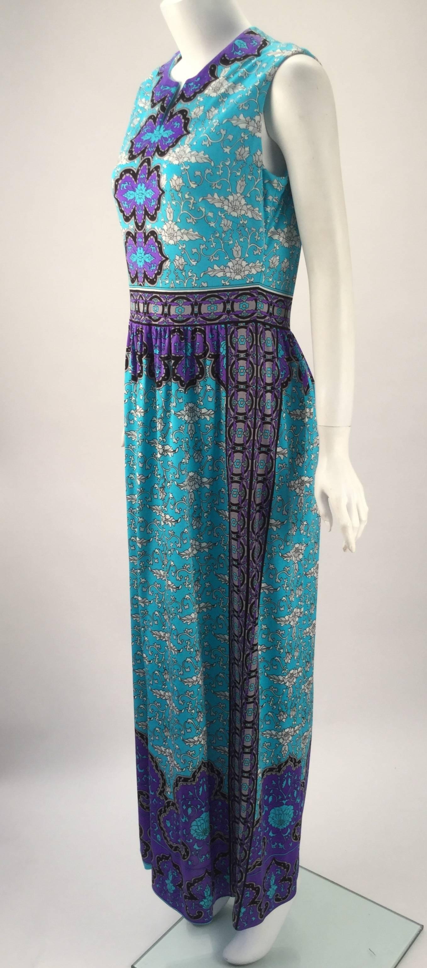 1970s Mr. Dino Blue and Purple Silk Jersey Knit Maxi Dress In Excellent Condition In Houston, TX