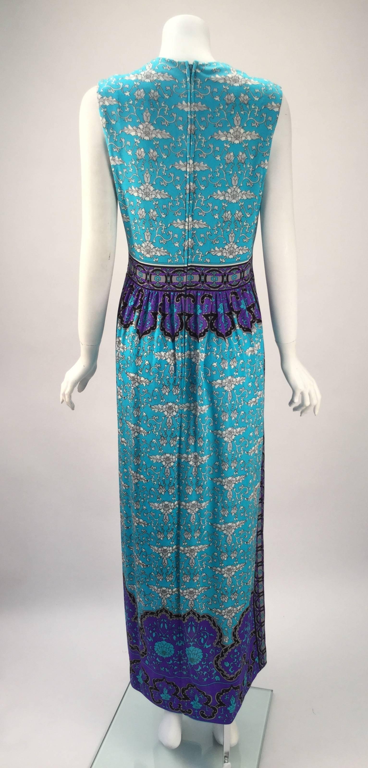 Women's 1970s Mr. Dino Blue and Purple Silk Jersey Knit Maxi Dress