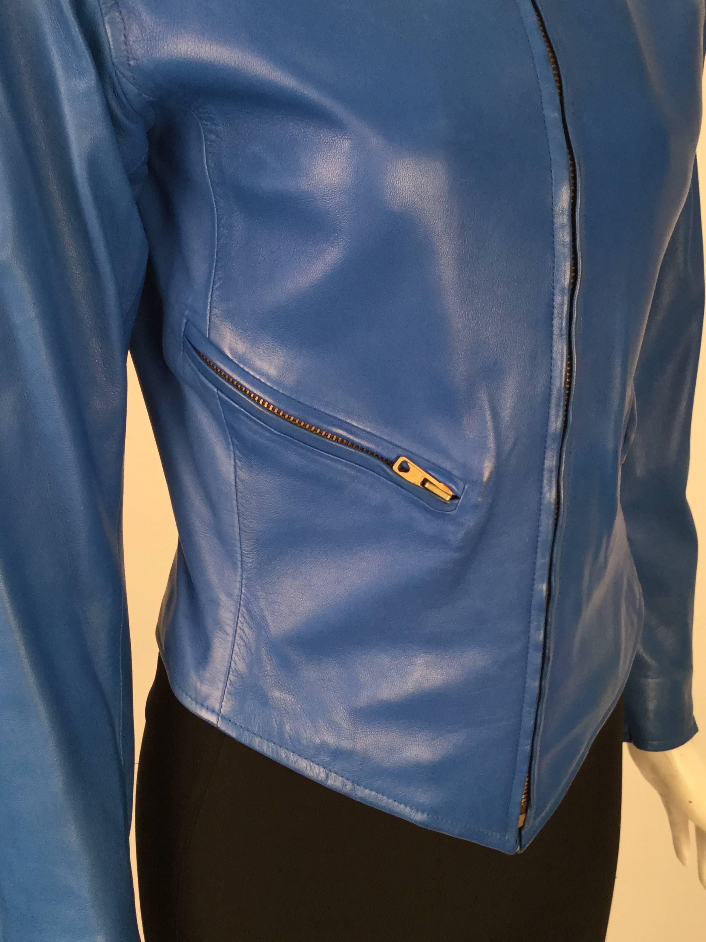 Women's Yves Saint Laurent Blue Leather Jacket and Skirt Ensemble, 1980s  For Sale