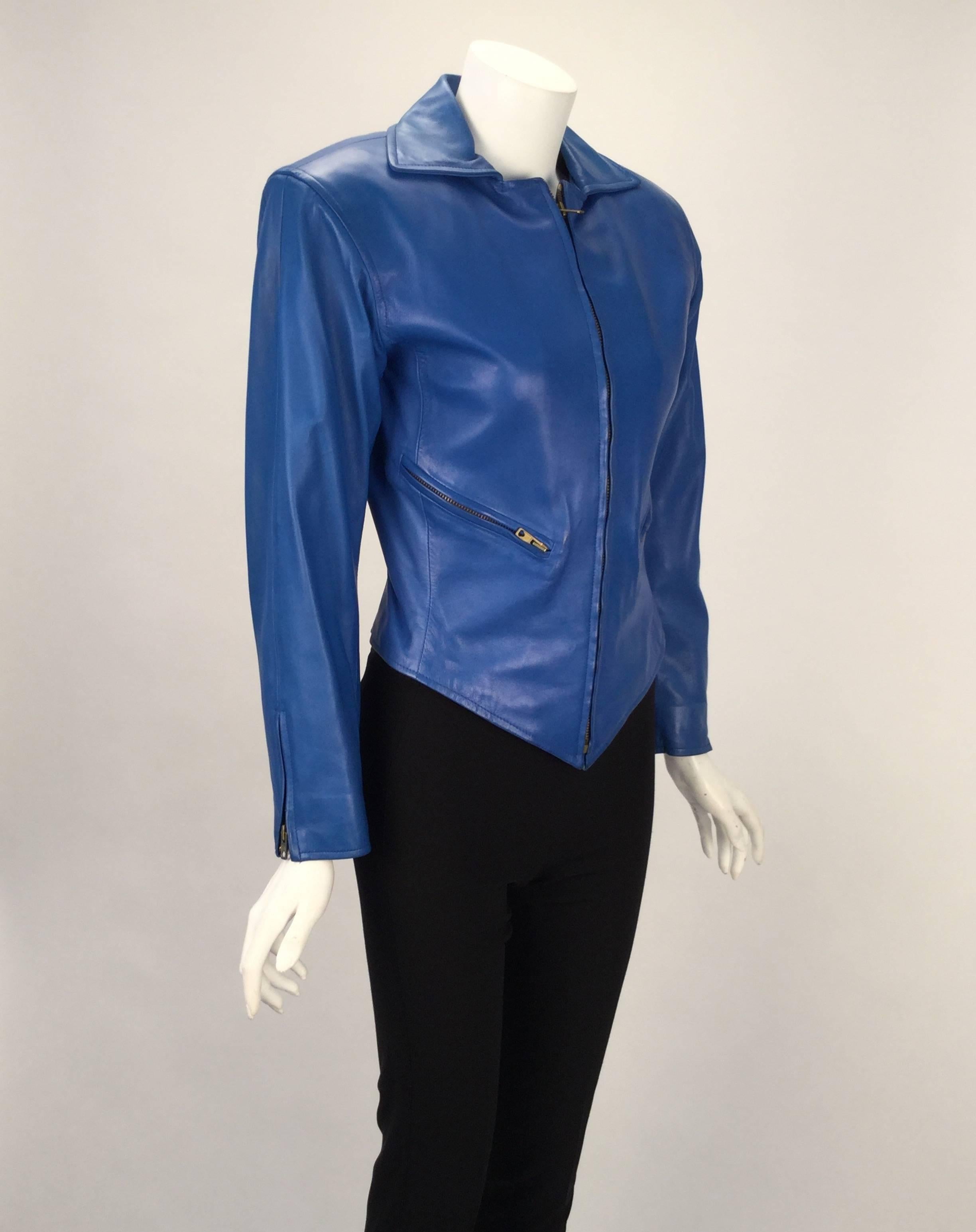 Yves Saint Laurent Blue Leather Jacket and Skirt Ensemble, 1980s  In Good Condition For Sale In Houston, TX