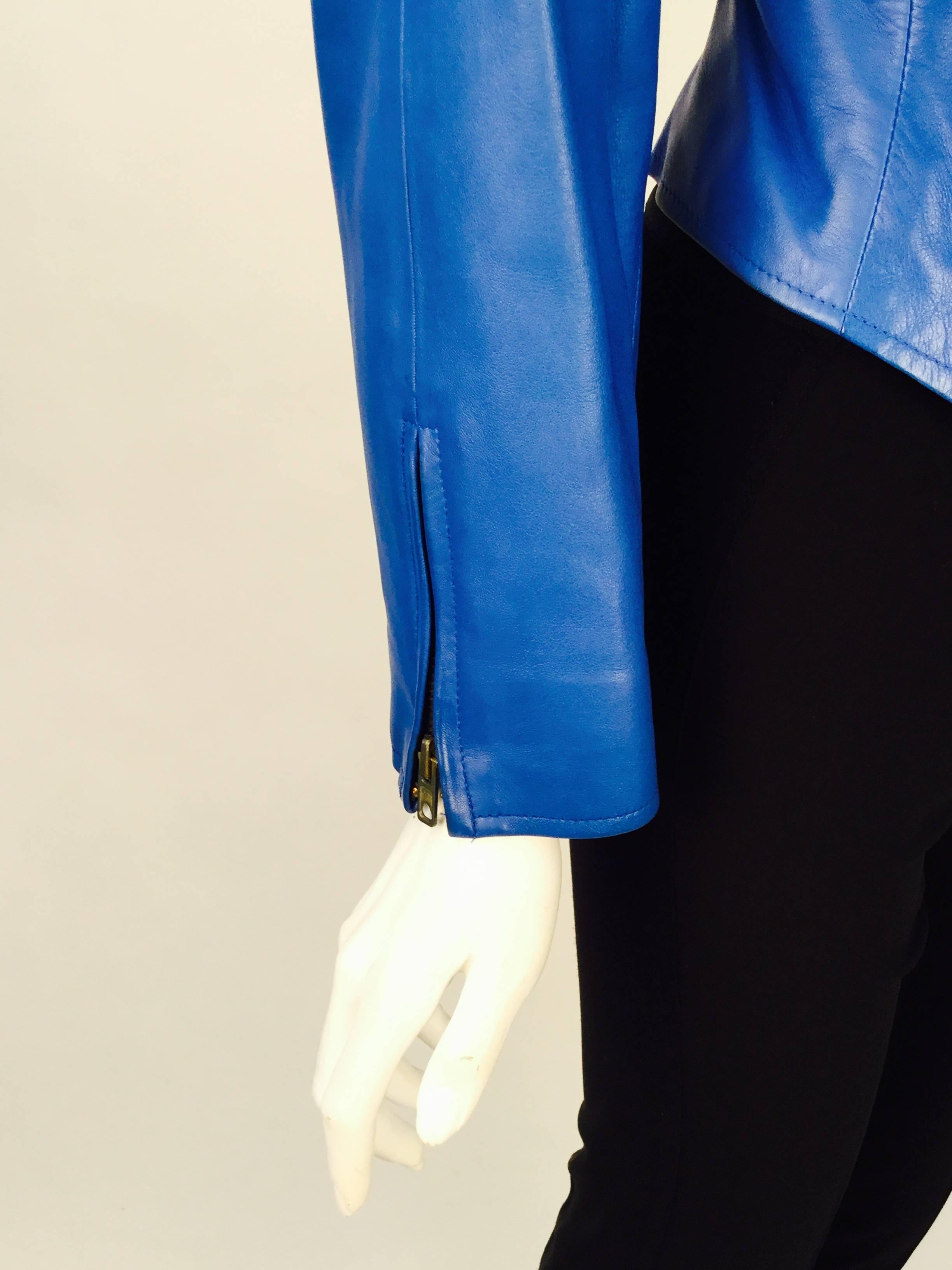 Yves Saint Laurent Blue Leather Jacket and Skirt Ensemble, 1980s  For Sale 1