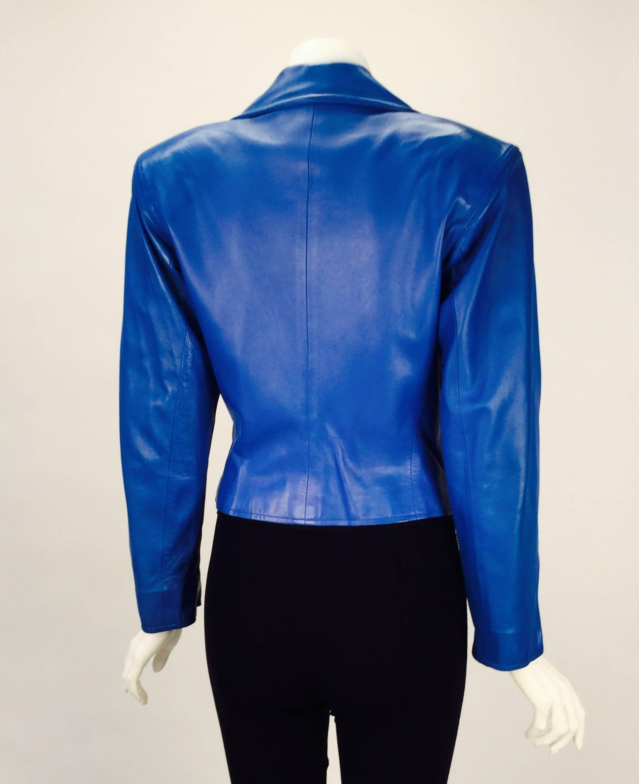 Yves Saint Laurent Blue Leather Jacket and Skirt Ensemble, 1980s  For Sale 2