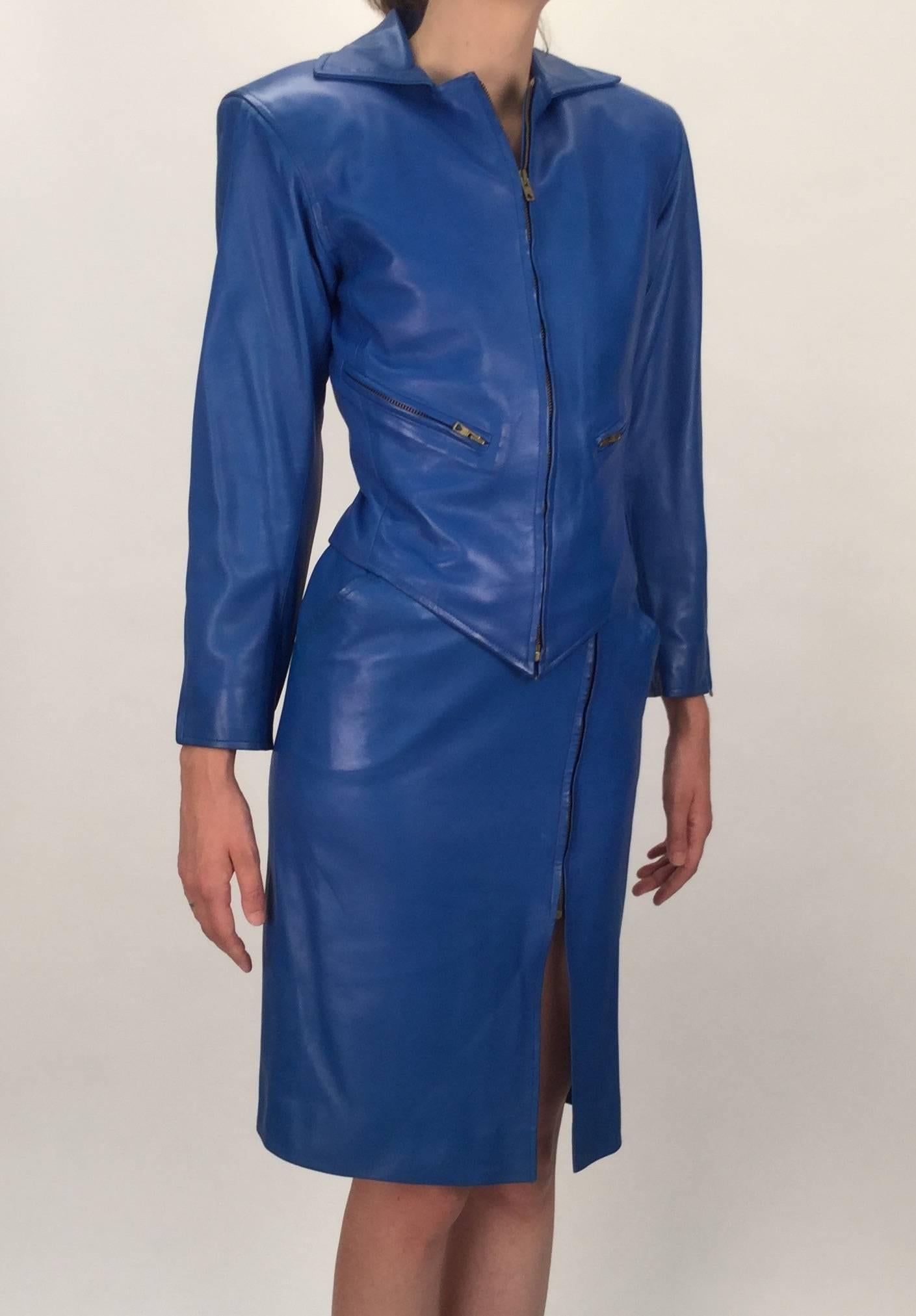 Yves Saint Laurent Blue Leather Jacket and Skirt Ensemble, 1980s  For Sale 4