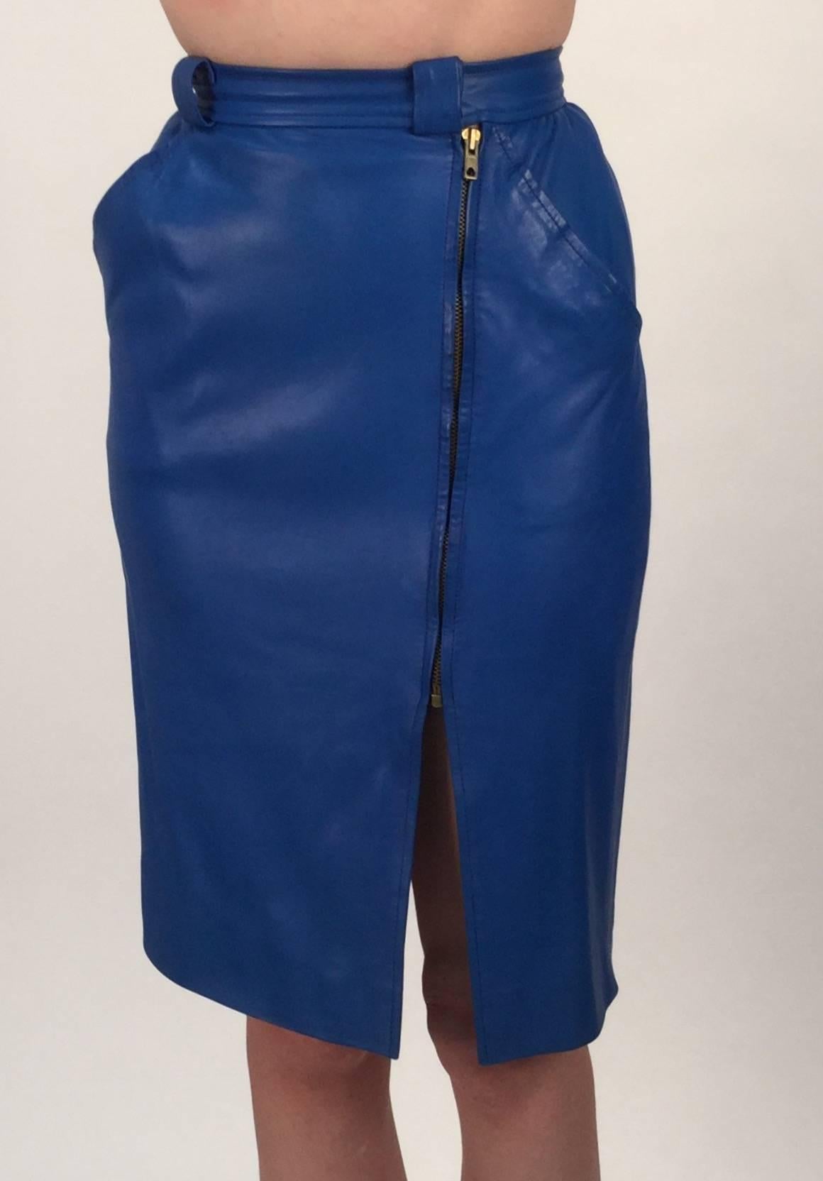 Yves Saint Laurent Blue Leather Jacket and Skirt Ensemble, 1980s  For Sale 6