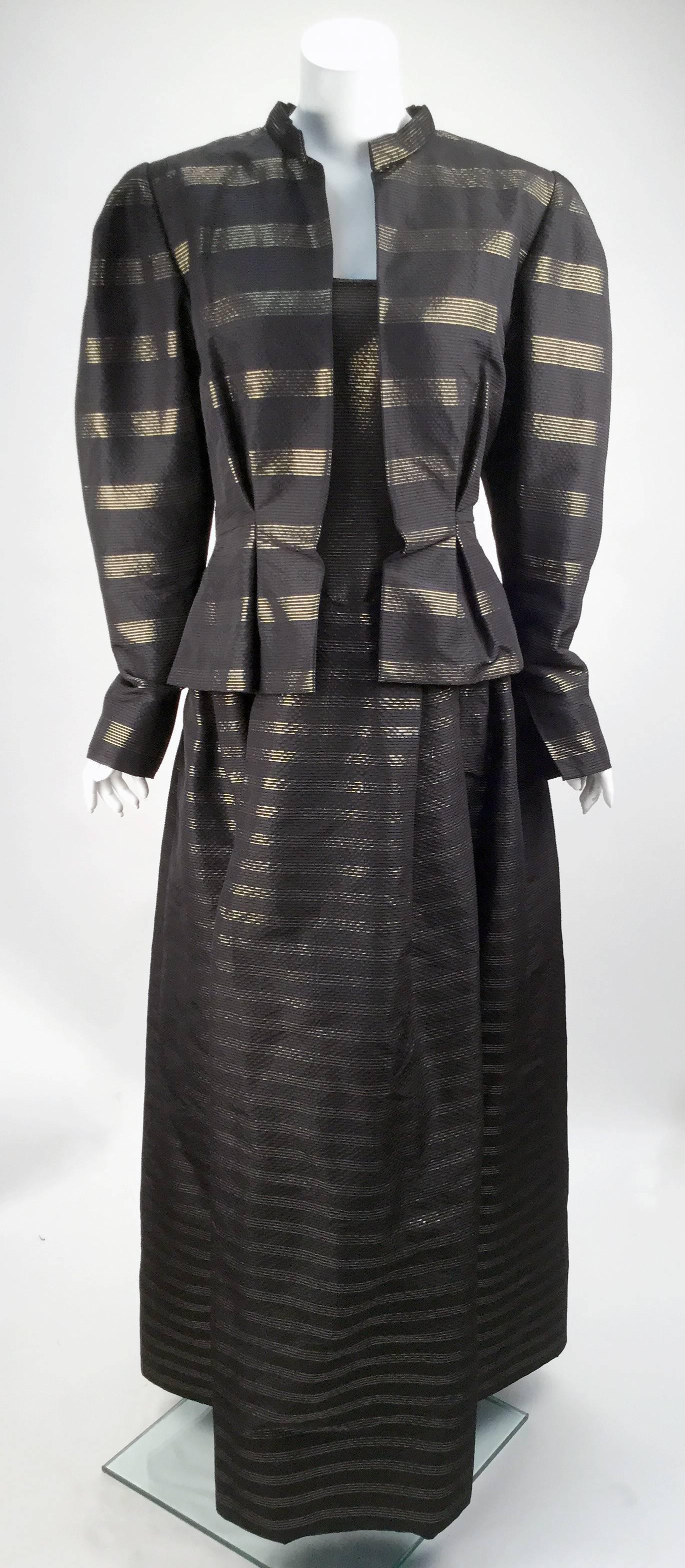 Pauline Trigere Black and Gold Silk Faille Ballgown with Jacket, 1980s  In Good Condition For Sale In Houston, TX