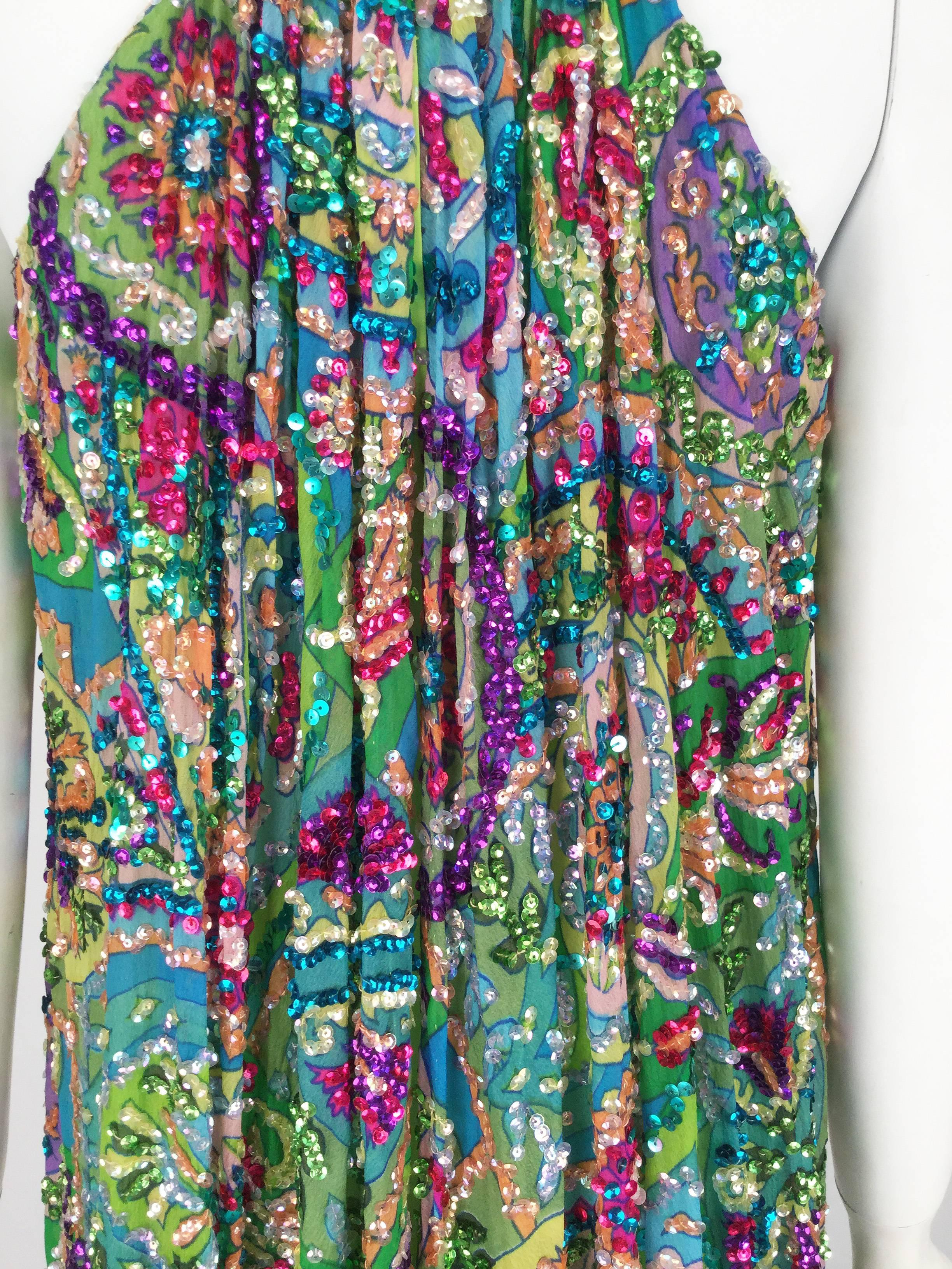 Gorgeous 1960s Multi Colored Chiffon Beaded Maxi Dress In Excellent Condition In Houston, TX